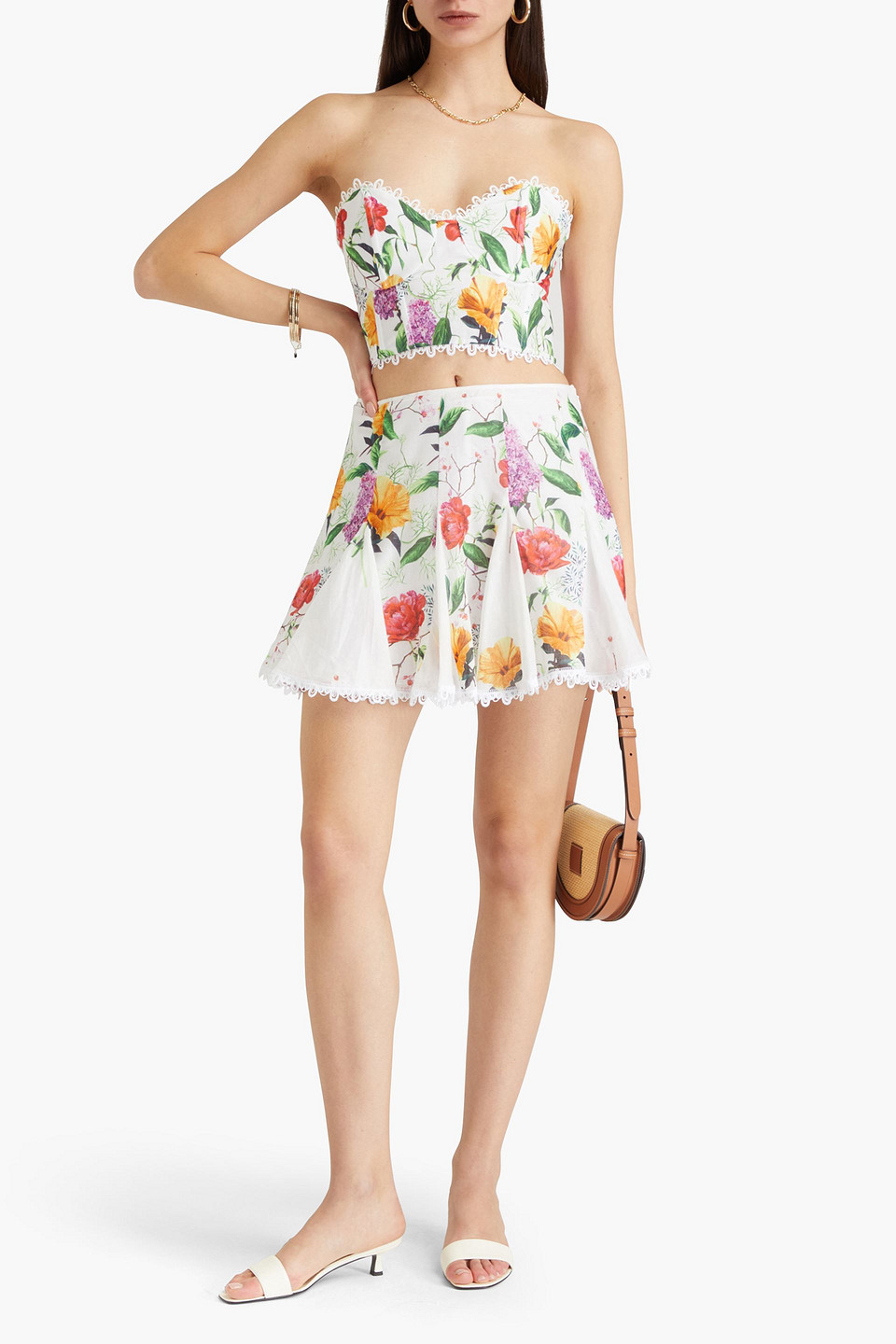  Charo Ruiz Ibiza - Oxaya Minirock Aus Voile Aus Einer Baumwollmischung Mit Guipure-spitzenbesatz Und Floralem Print - Weiß - L 
