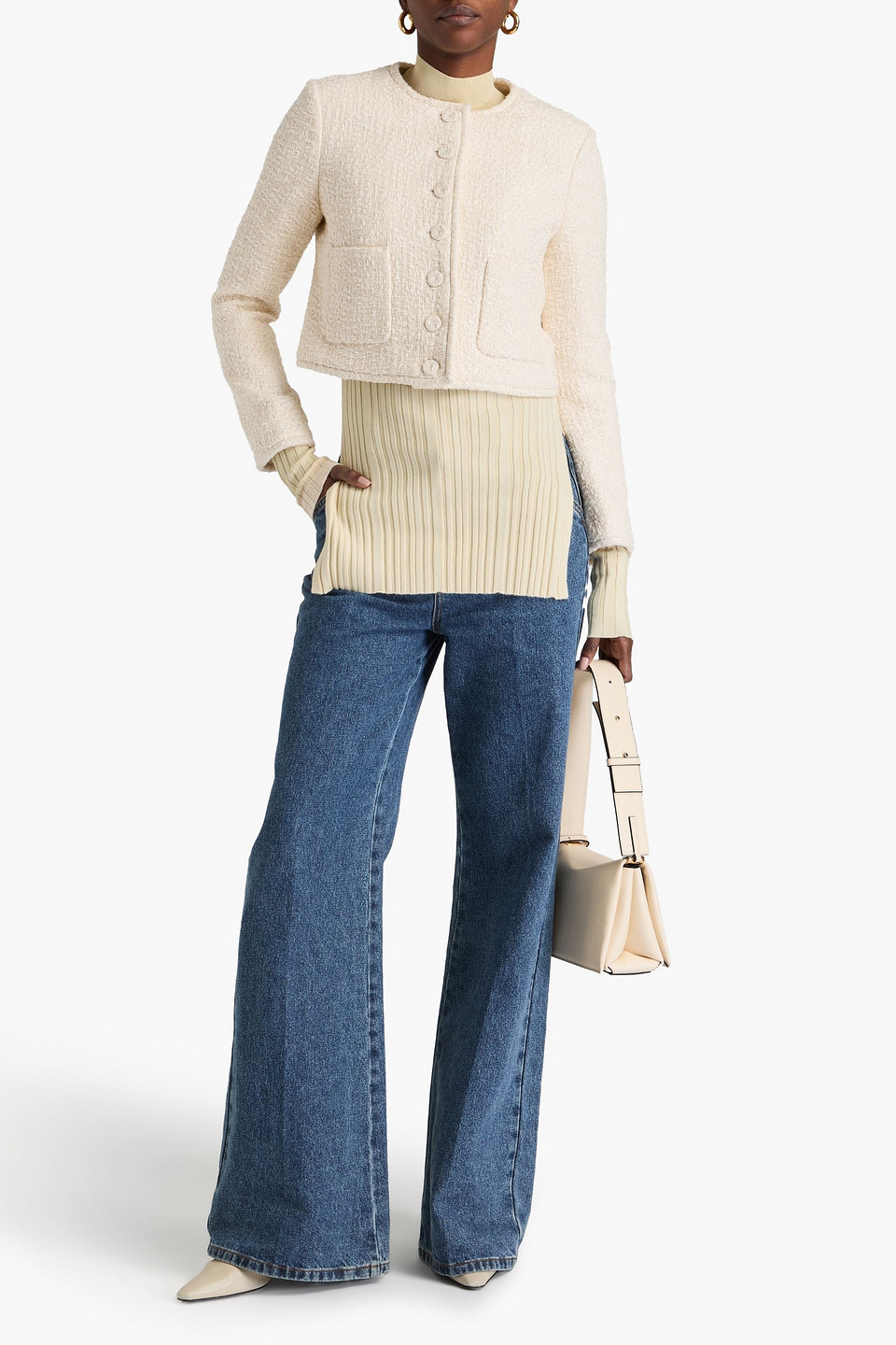 Shop Another Tomorrow Cropped Cotton-tweed Jacket In Cream