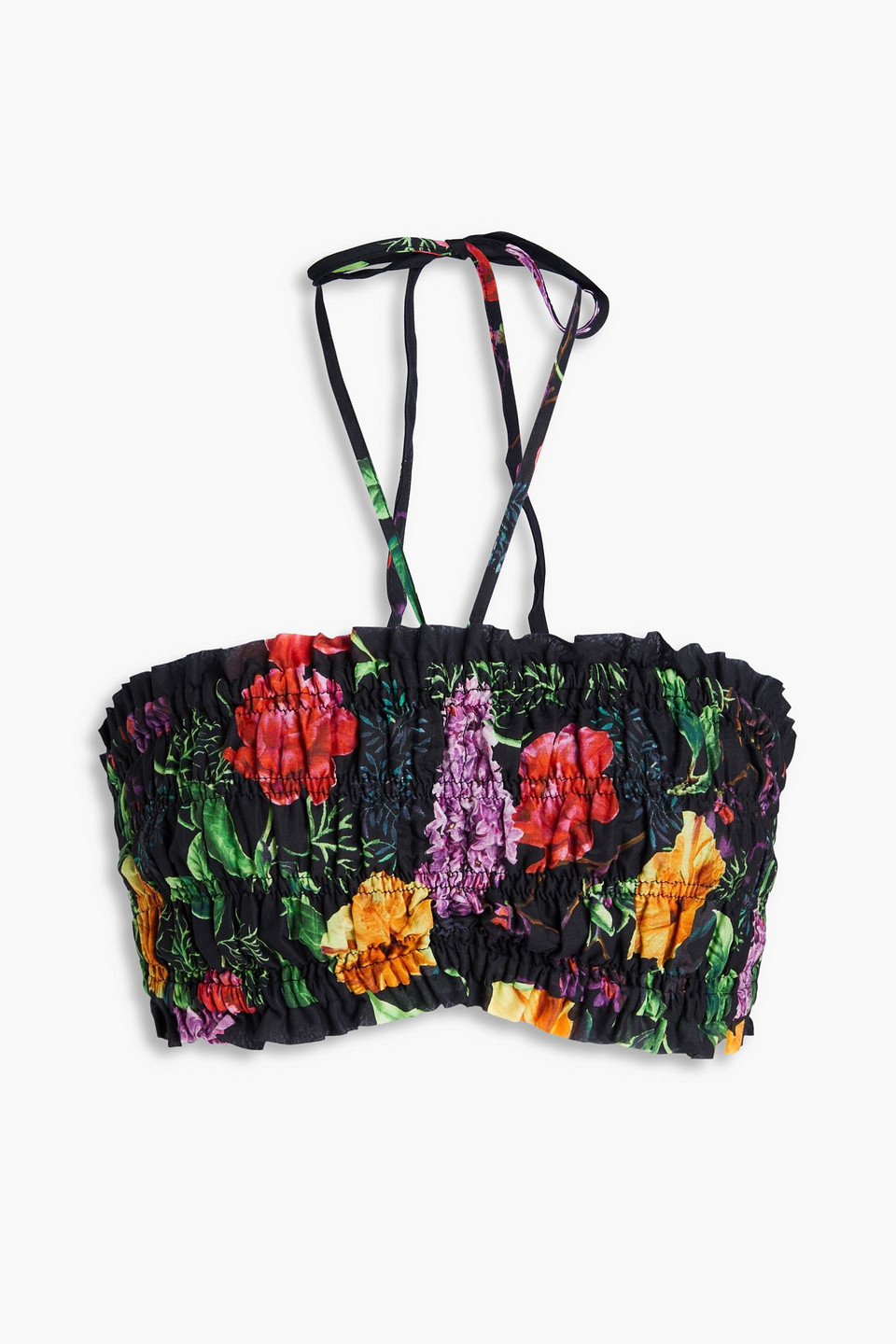 Charo Ruiz Leta Cropped Floral-print Cotton-blend Voile Halterneck Top In Black