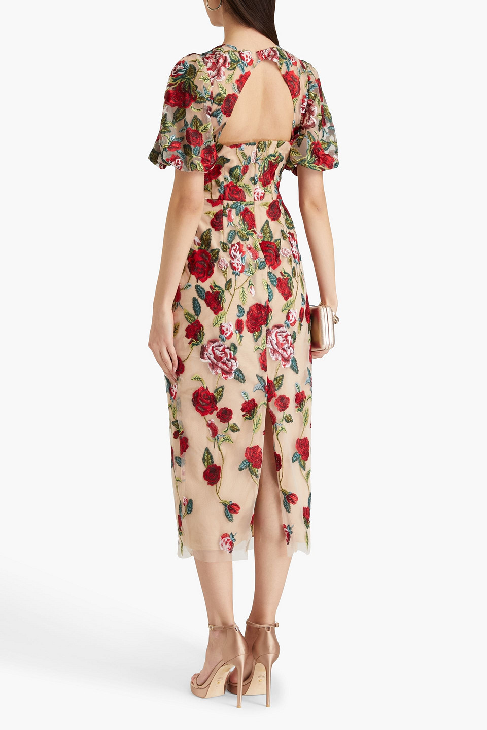 MARCHESA NOTTE EMBROIDERED TULLE MIDI DRESS