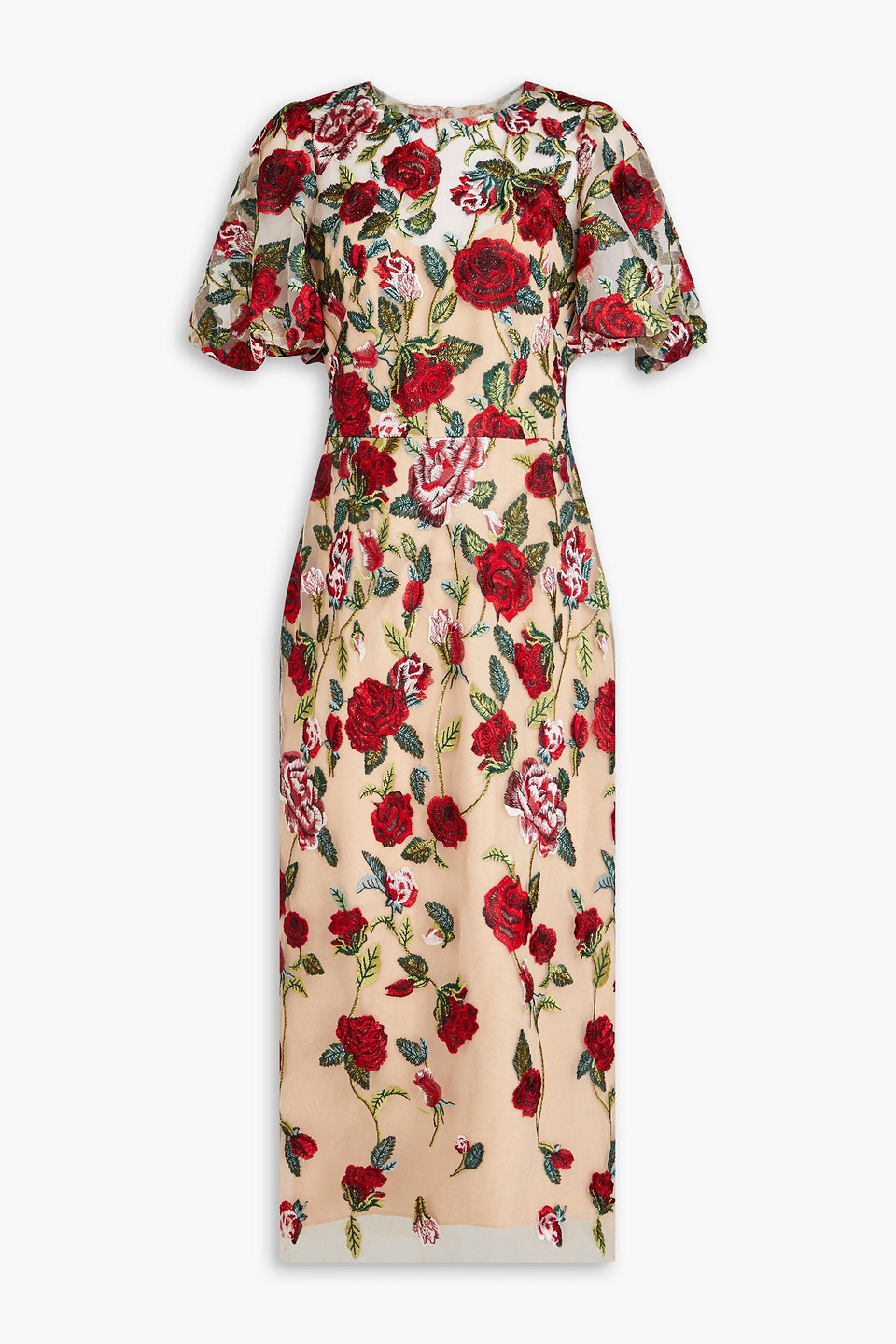 MARCHESA NOTTE EMBROIDERED TULLE MIDI DRESS