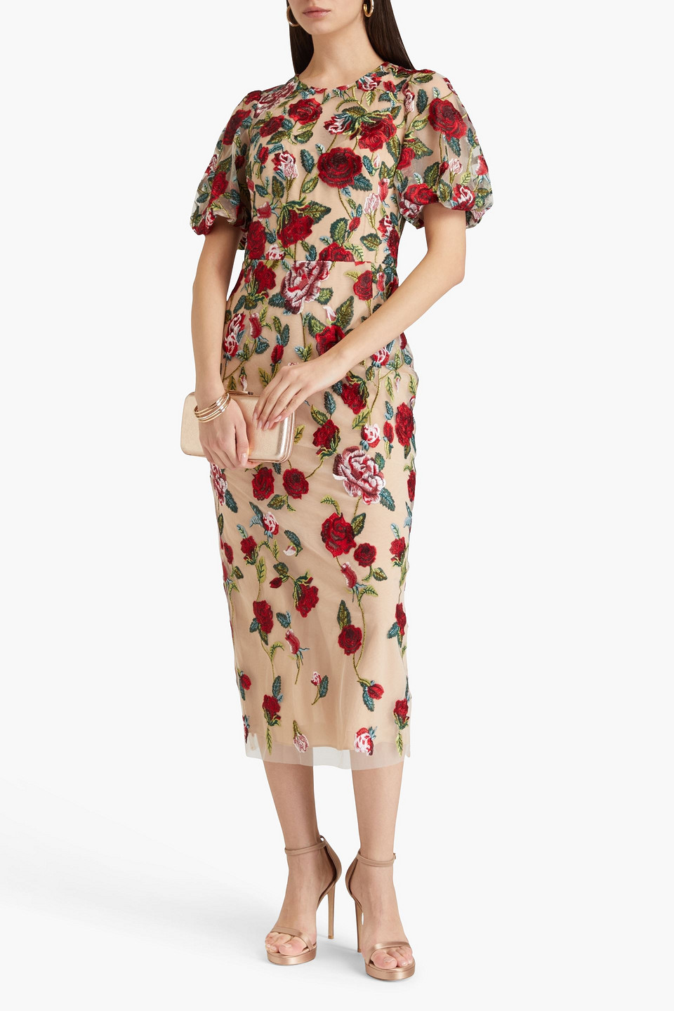MARCHESA NOTTE EMBROIDERED TULLE MIDI DRESS