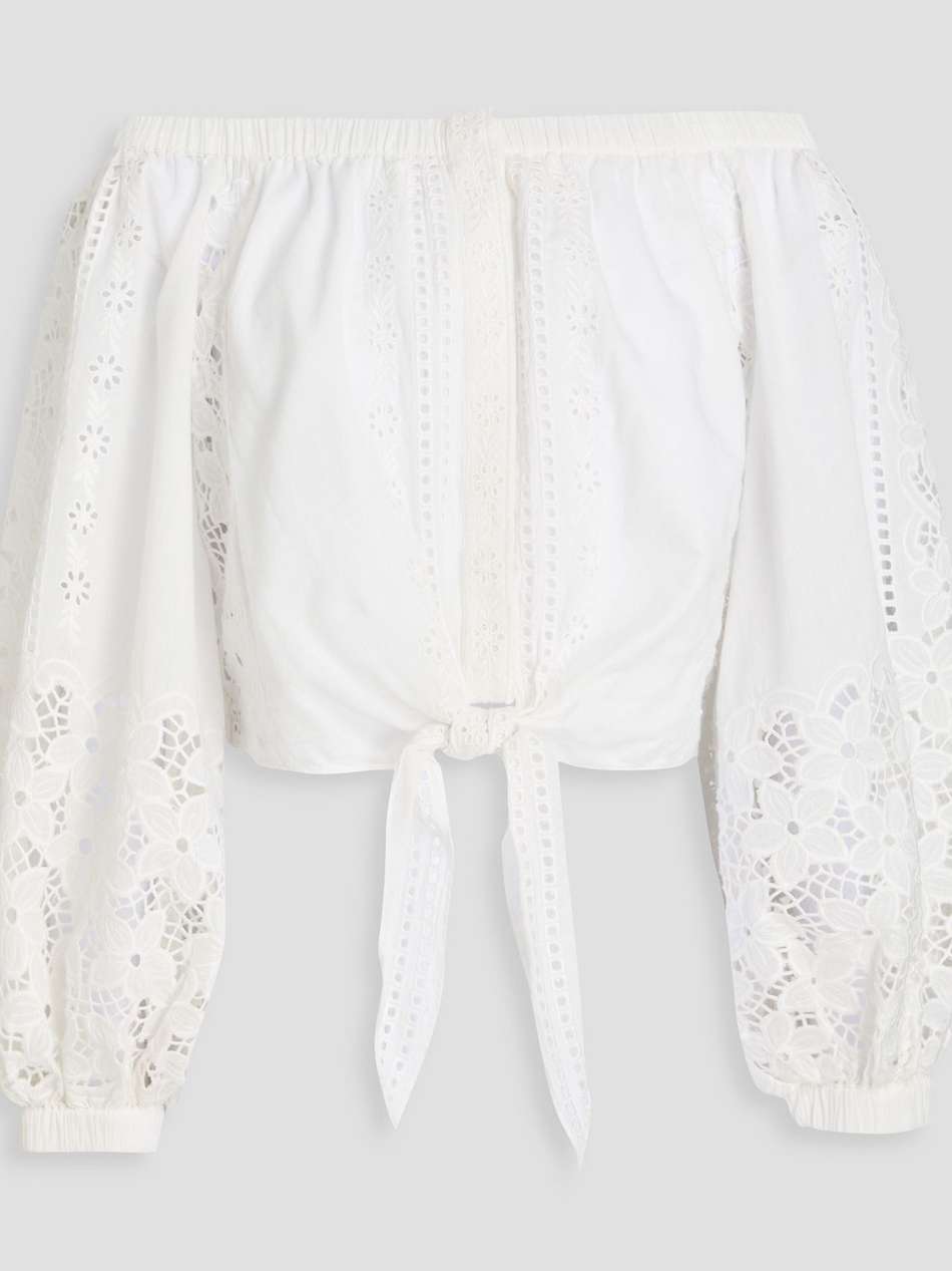 ivy off-the-shoulder tie-front broderie anglaise cotton top