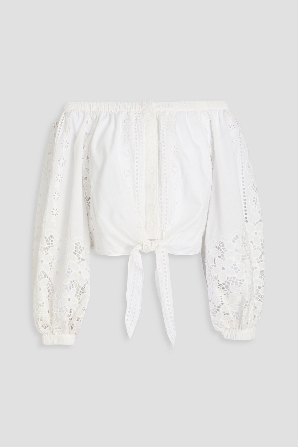 Shop Alice And Olivia Ivy Off-the-shoulder Tie-front Broderie Anglaise Cotton Top In Off-white