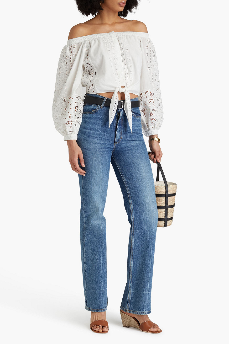 Shop Alice And Olivia Ivy Off-the-shoulder Tie-front Broderie Anglaise Cotton Top In Off-white