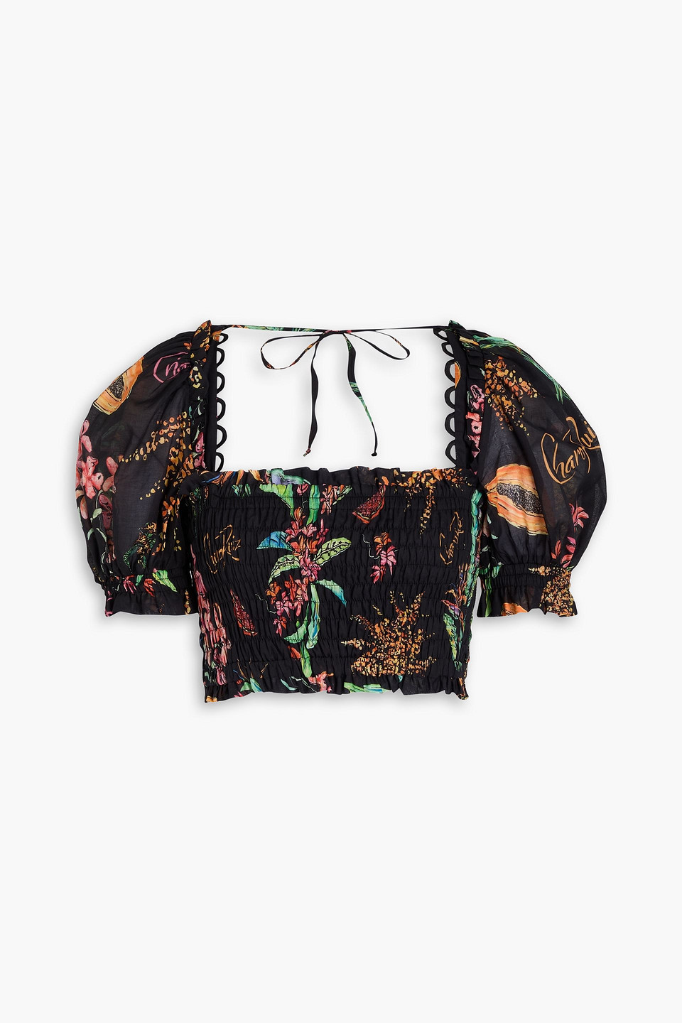 Charo Ruiz Liro Cropped Printed Cotton-blend Voile Top In Black