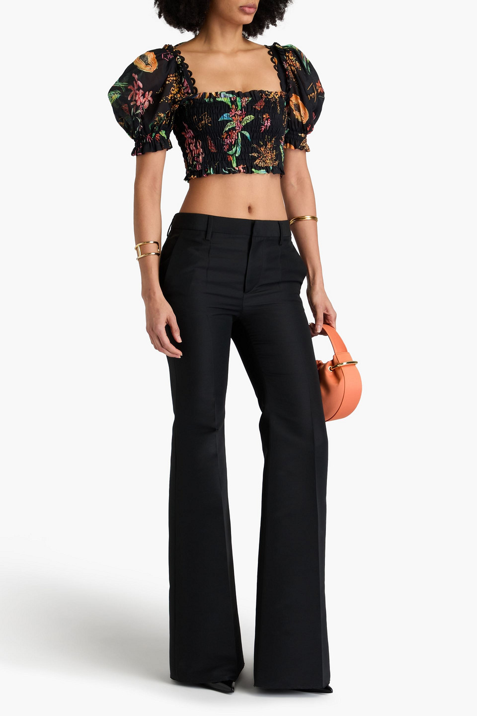 Shop Charo Ruiz Liro Cropped Printed Cotton-blend Voile Top In Black