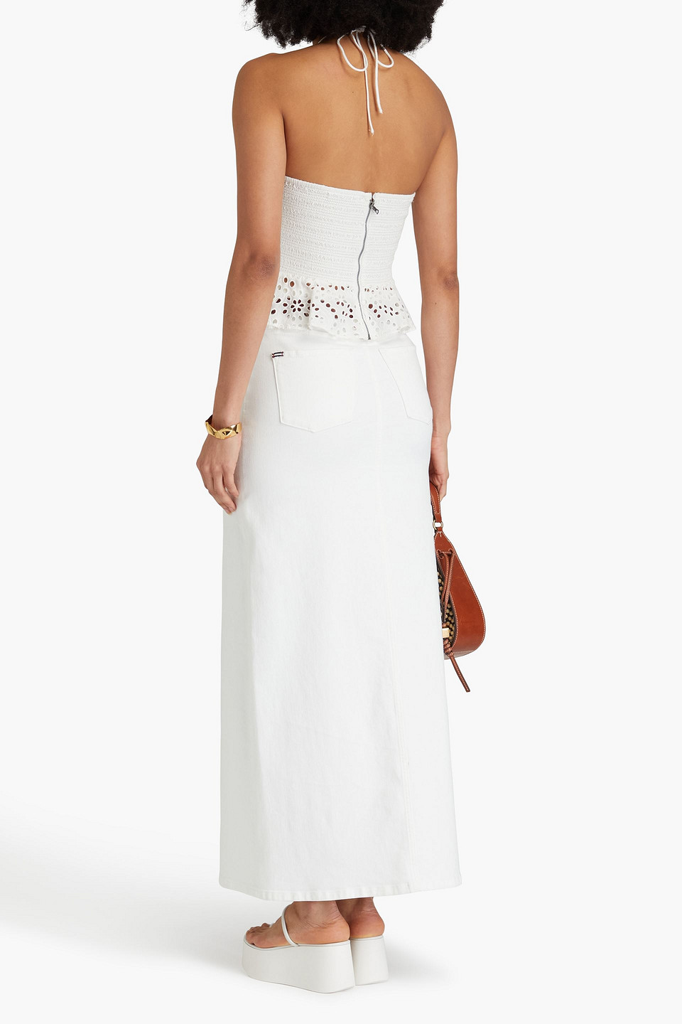 Alice And Olivia Livia Broderie Anglaise Cotton Peplum Halterneck Top In Off-white