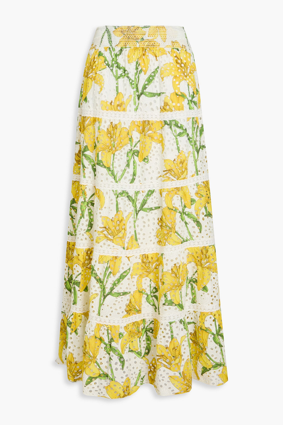 Aisha tiered floral-print broderie anglaise cotton maxi skirt