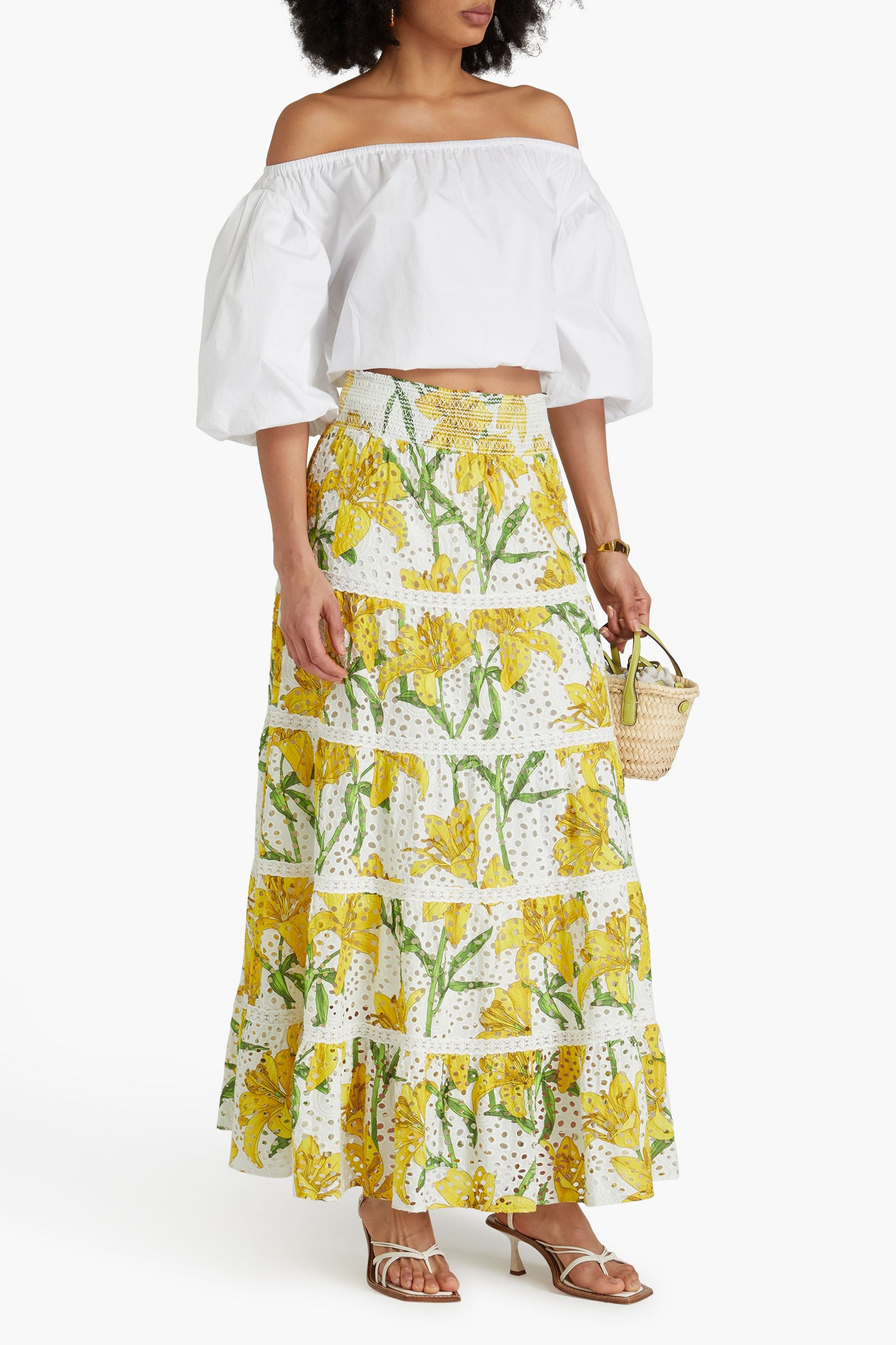 alice + olivia Aisha tiered floral-print broderie anglaise cotton maxi skirt
