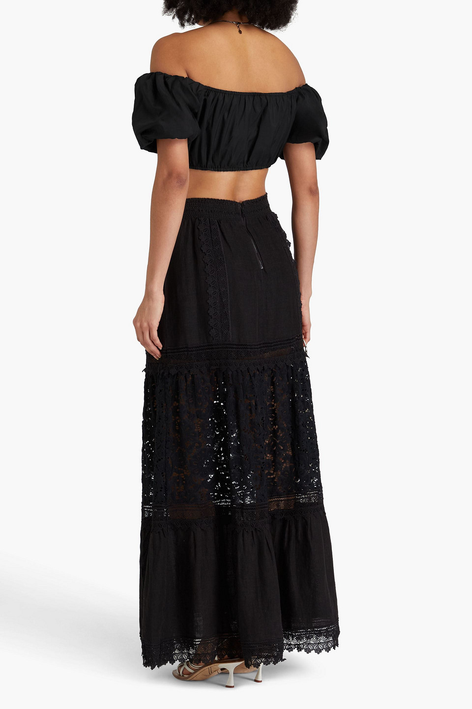 Alice And Olivia Reise Guipure Lace-paneled Linen-gauze Maxi Skirt In Black