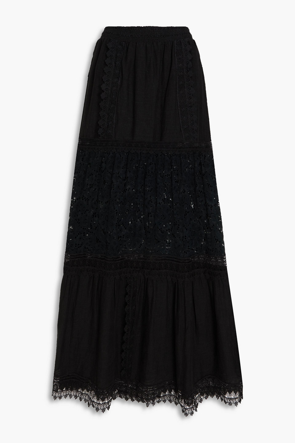 Alice And Olivia Reise Guipure Lace-paneled Linen-gauze Maxi Skirt In Black