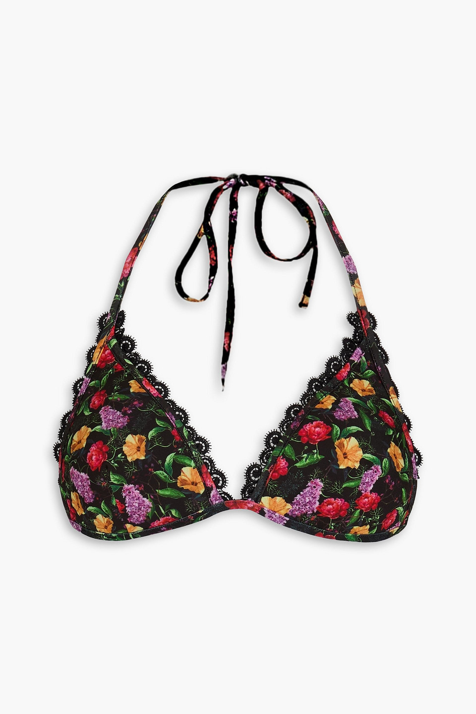 Charo Ruiz Della Lace-trimmed Floral-print Triangle Bikini Top In Black