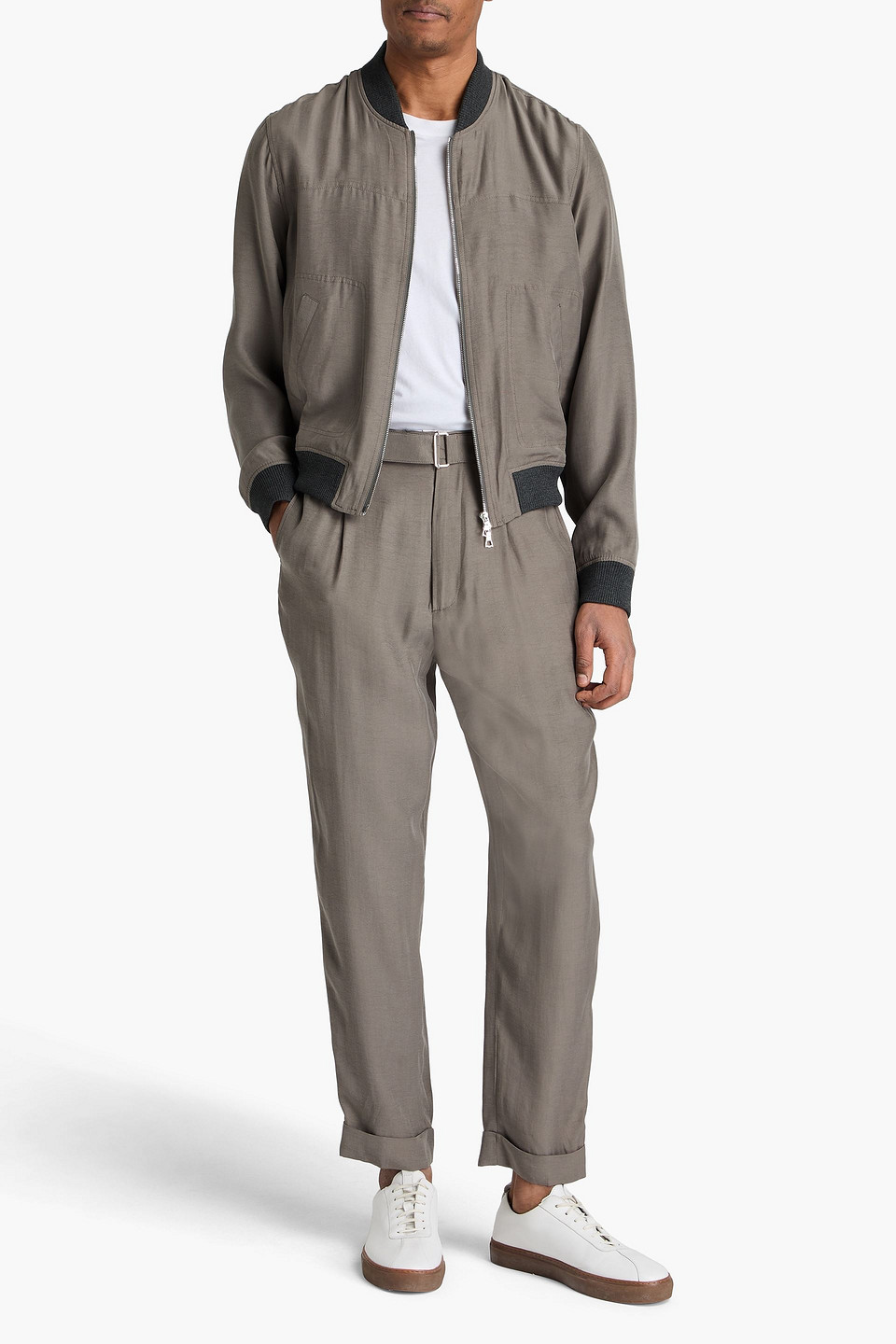 Officine Generale Hugo Tapered Belted Lyocell Pants In Steingrau