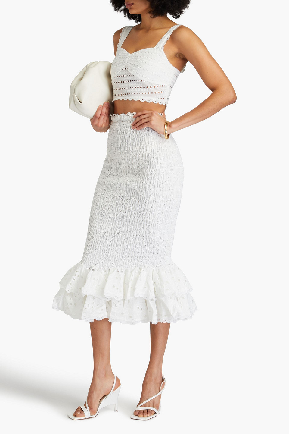 Charo Ruiz Liliana Shirred Broderie Anglaise Cotton-blend Midi Skirt In White