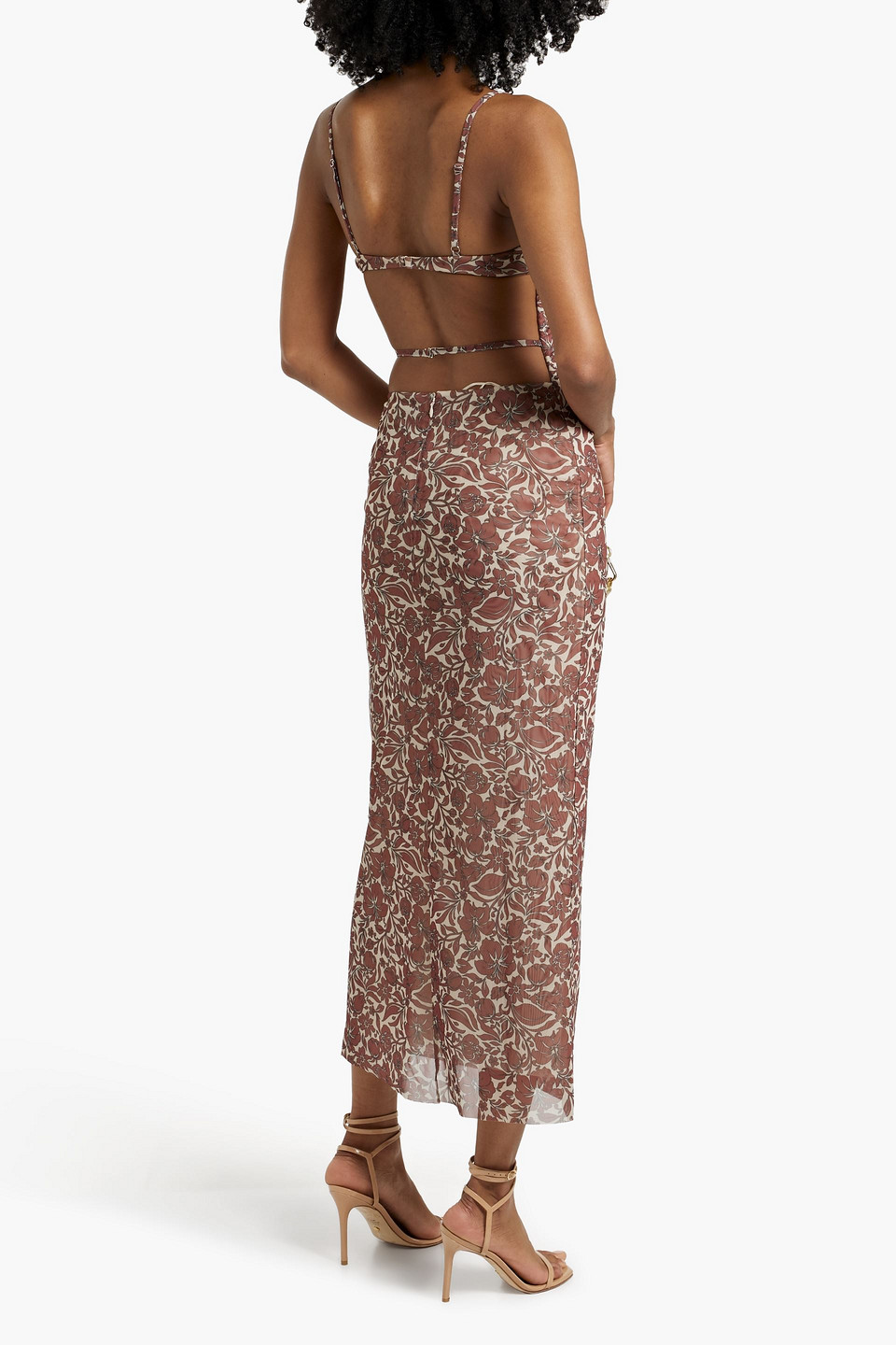 BEC & BRIDGE PRIYA RUCHED FLORAL-PRINT STRETCH-MESH MIDI DRESS 
