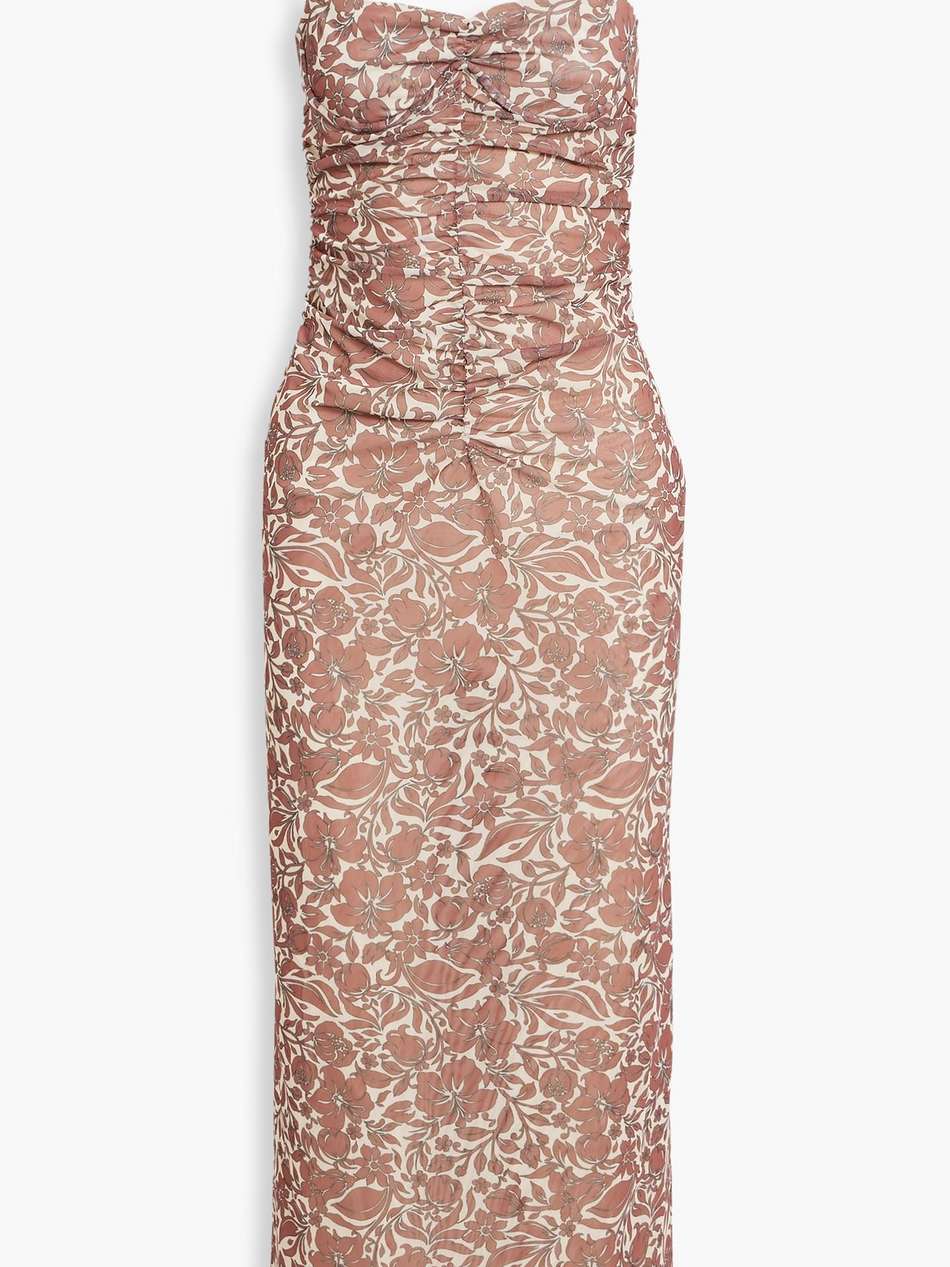 priya ruched floral-print stretch-mesh midi dress