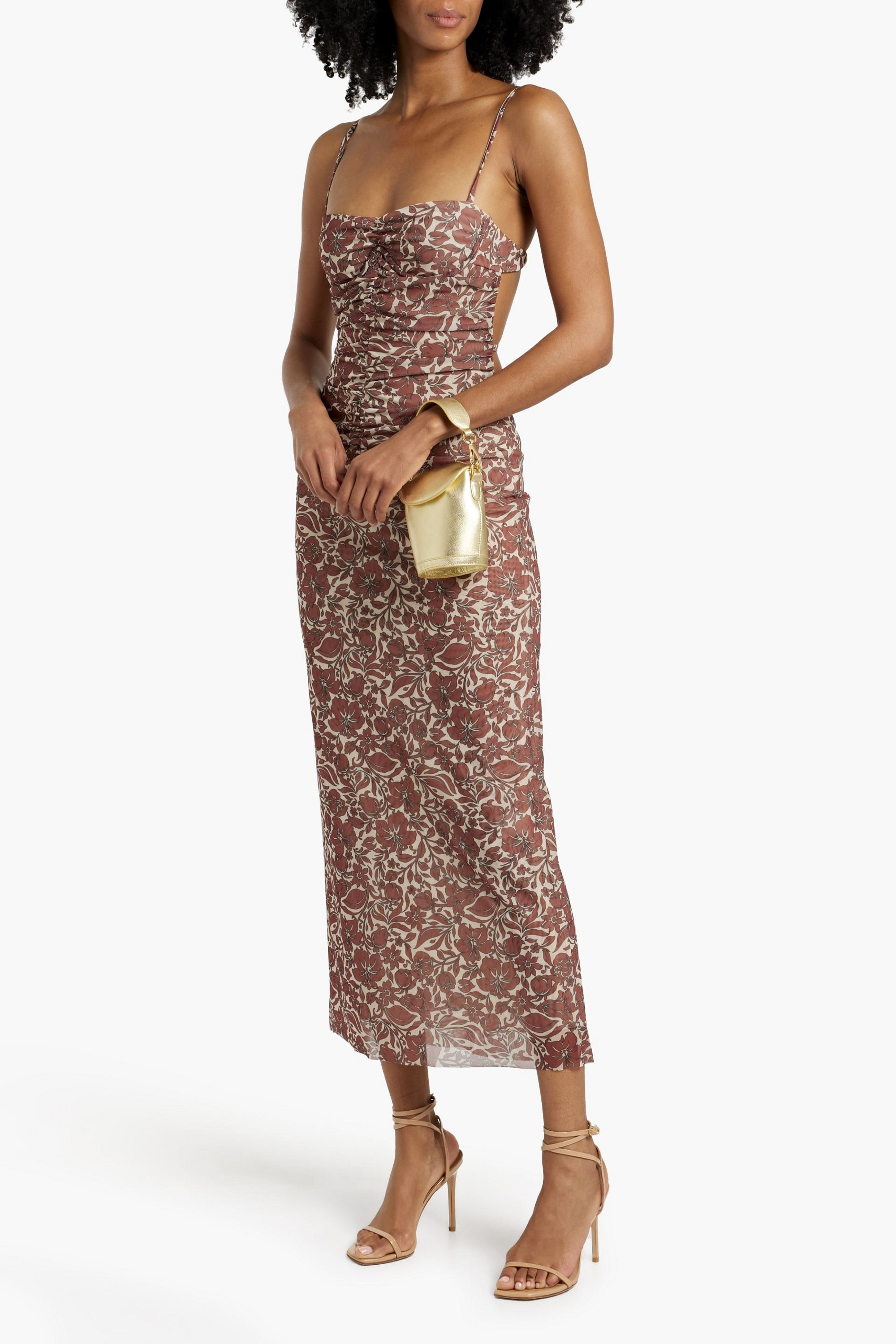 Bec + Bridge Priya ruched floral-print stretch-mesh midi dress