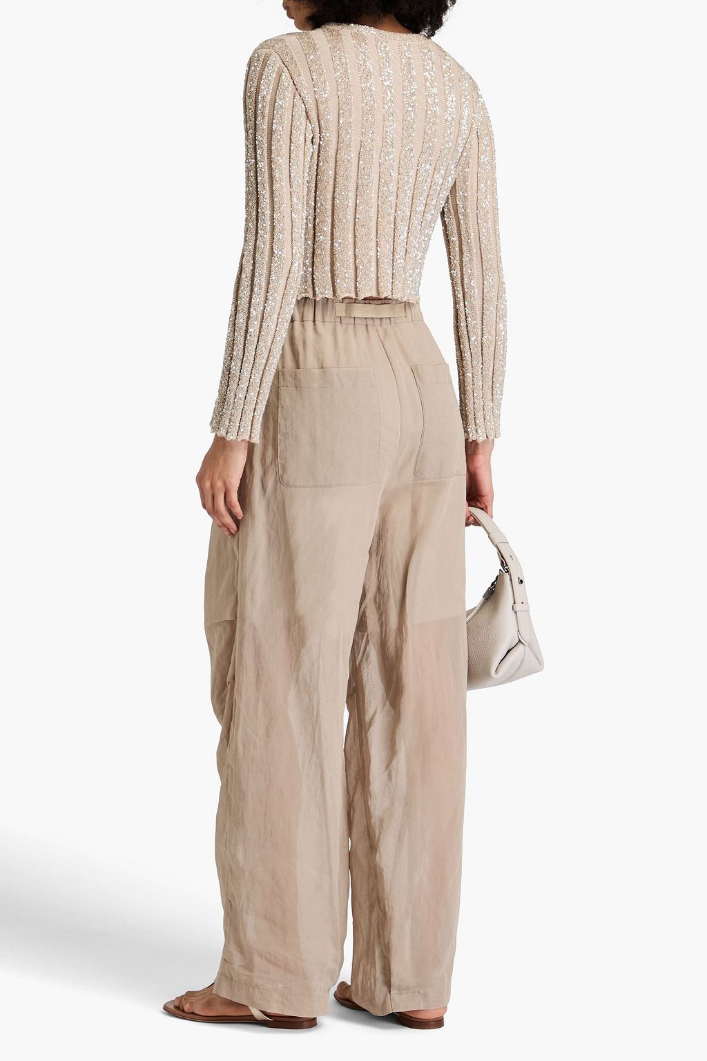 BRUNELLO CUCINELLI كنزة رياضية قصيرة من نسيج بحبكة مضلّعة ومزيّنة بأقراص براقة