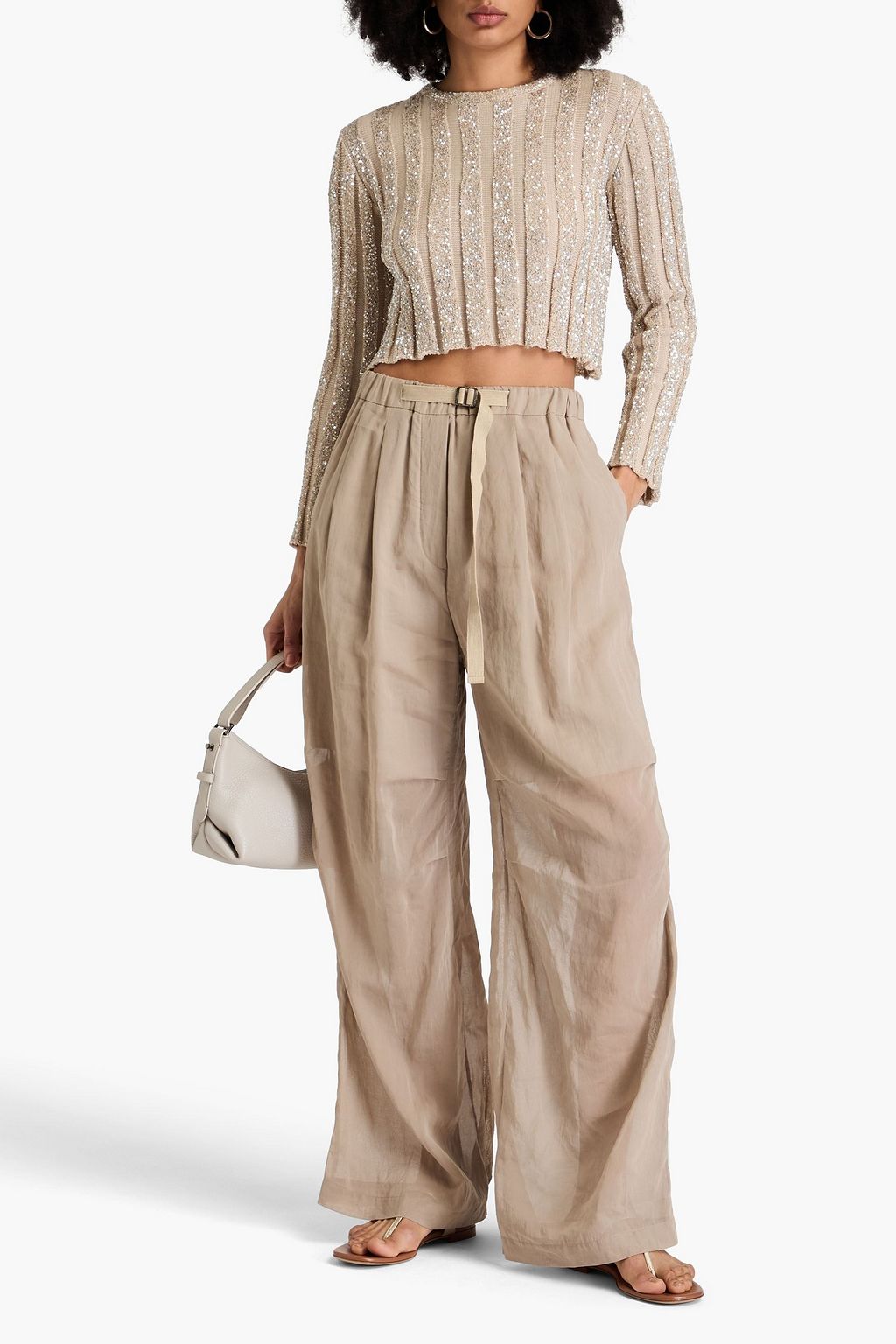 BRUNELLO CUCINELLI كنزة رياضية قصيرة من نسيج بحبكة مضلّعة ومزيّنة بأقراص براقة