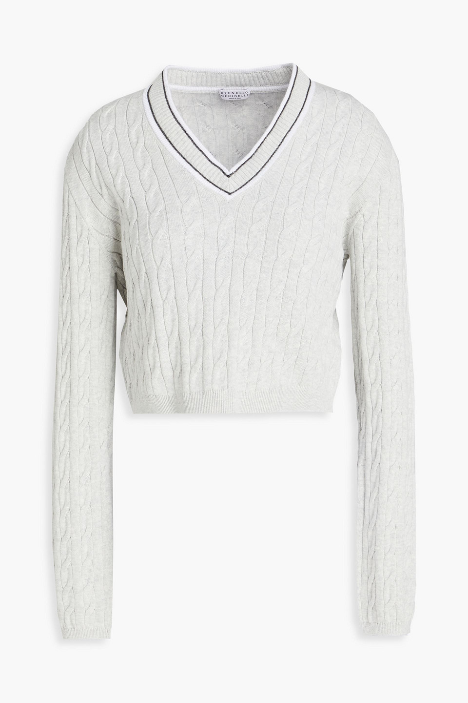 Cropped bead-embellished cable-knit cotton sweater