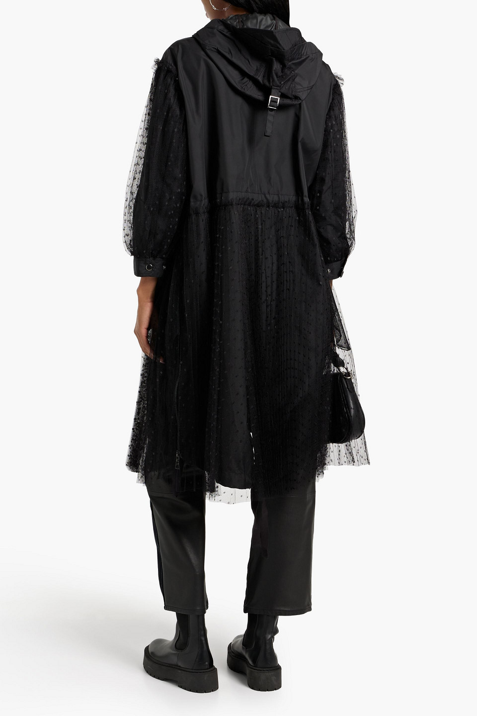 Red Valentino Layered Shell And Point D'esprit Hooded Coat In Black