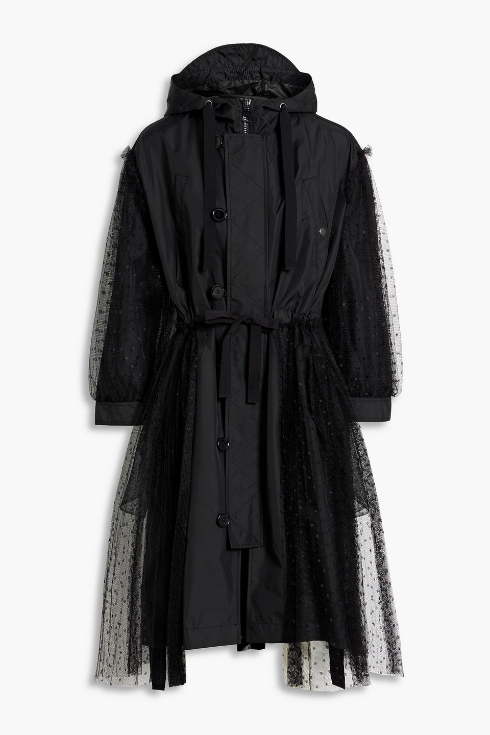 Red Valentino Layered Shell And Point D'esprit Hooded Coat In Black