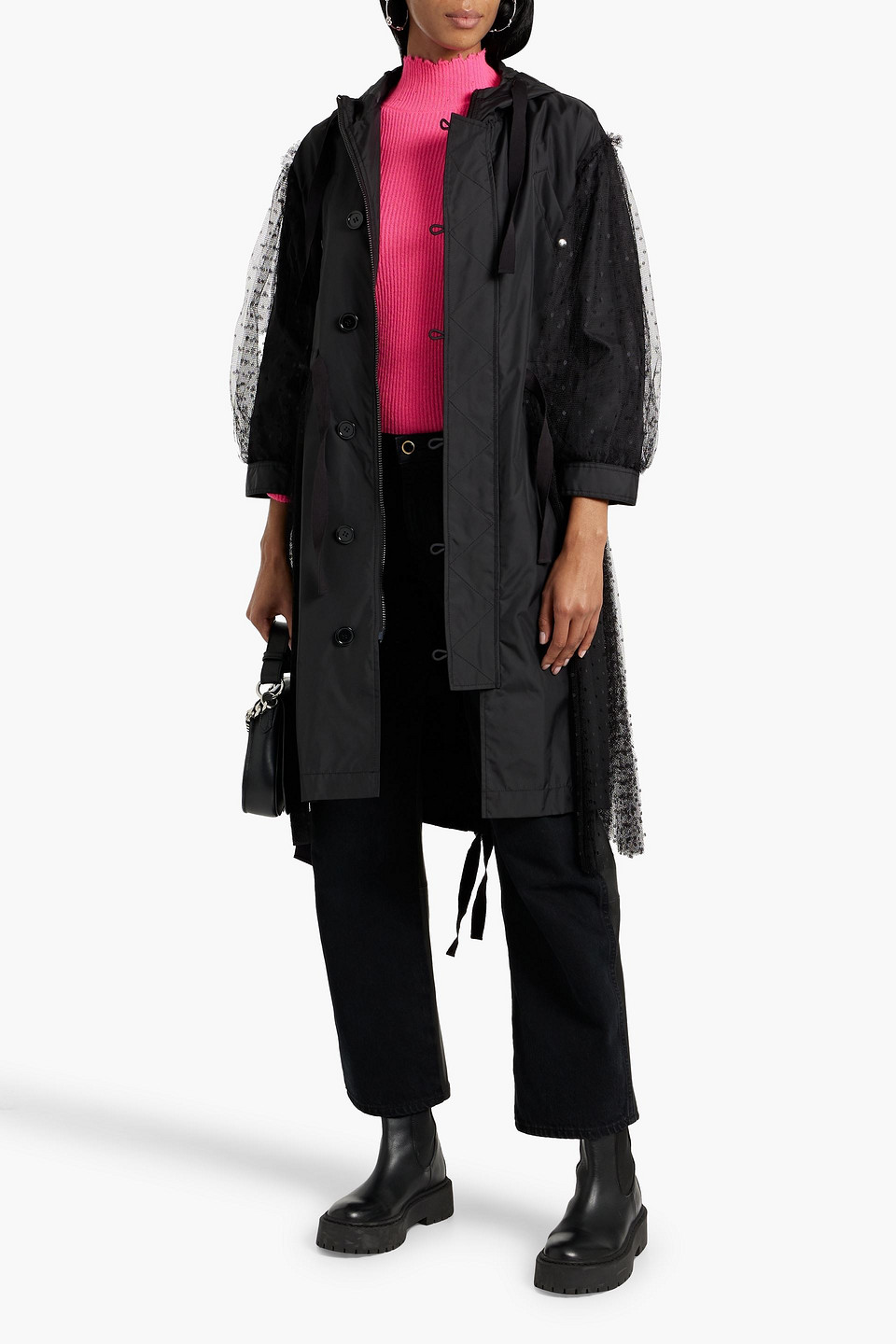 Red Valentino Layered Shell And Point D'esprit Hooded Coat In Black