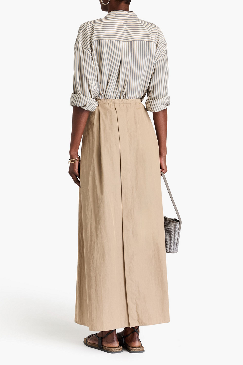 Brunello Cucinelli Gestreiftes Hemd Aus Seide Mit Zierperlen In Beige