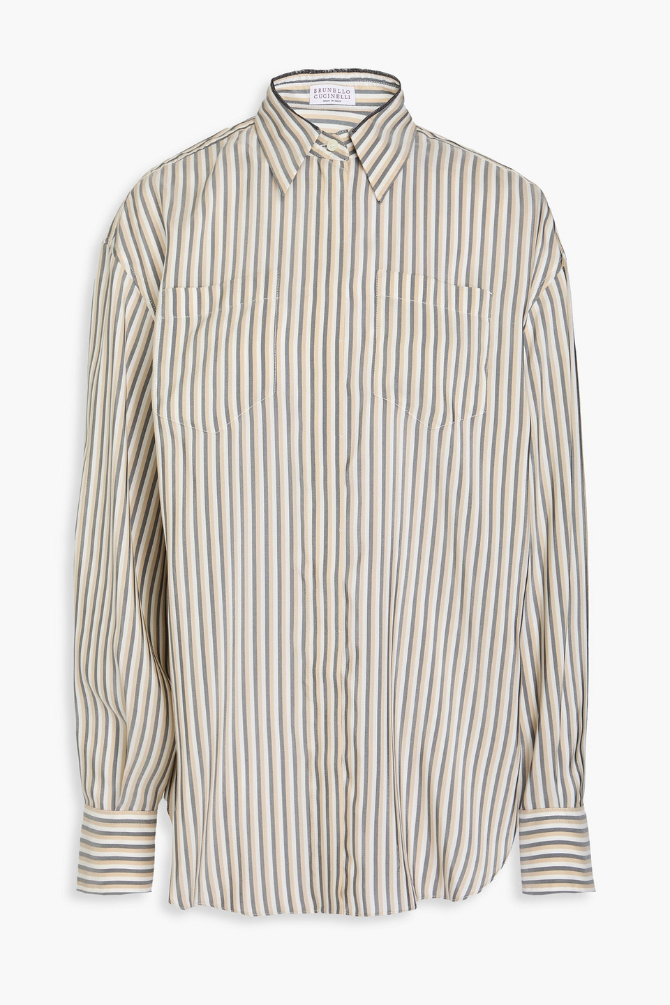 Brunello Cucinelli Gestreiftes Hemd Aus Seide Mit Zierperlen In Beige