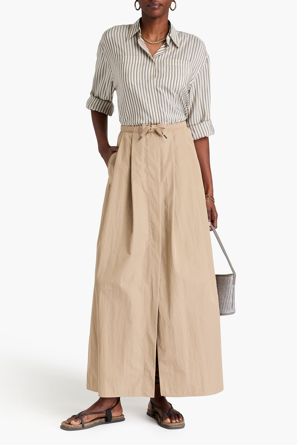 Brunello Cucinelli Gestreiftes Hemd Aus Seide Mit Zierperlen In Beige