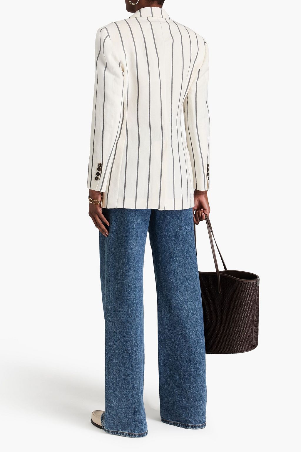 BRUNELLO CUCINELLI 더블 브레스티드 스트라이프 리넨 코튼 혼방 블레이저