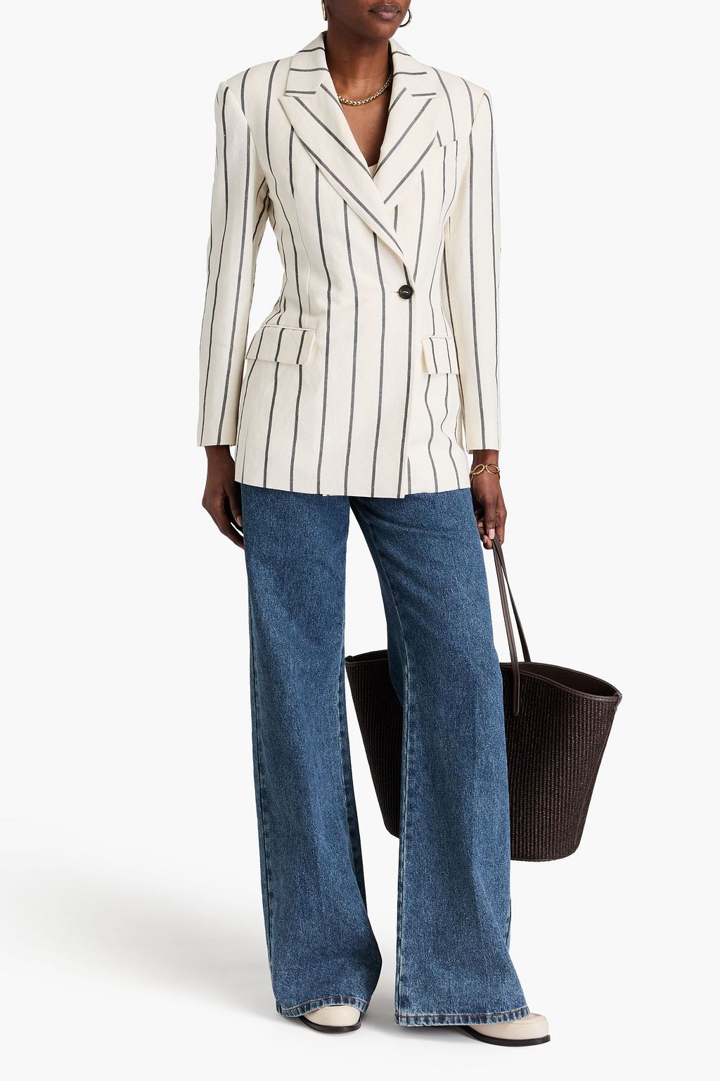 BRUNELLO CUCINELLI 더블 브레스티드 스트라이프 리넨 코튼 혼방 블레이저