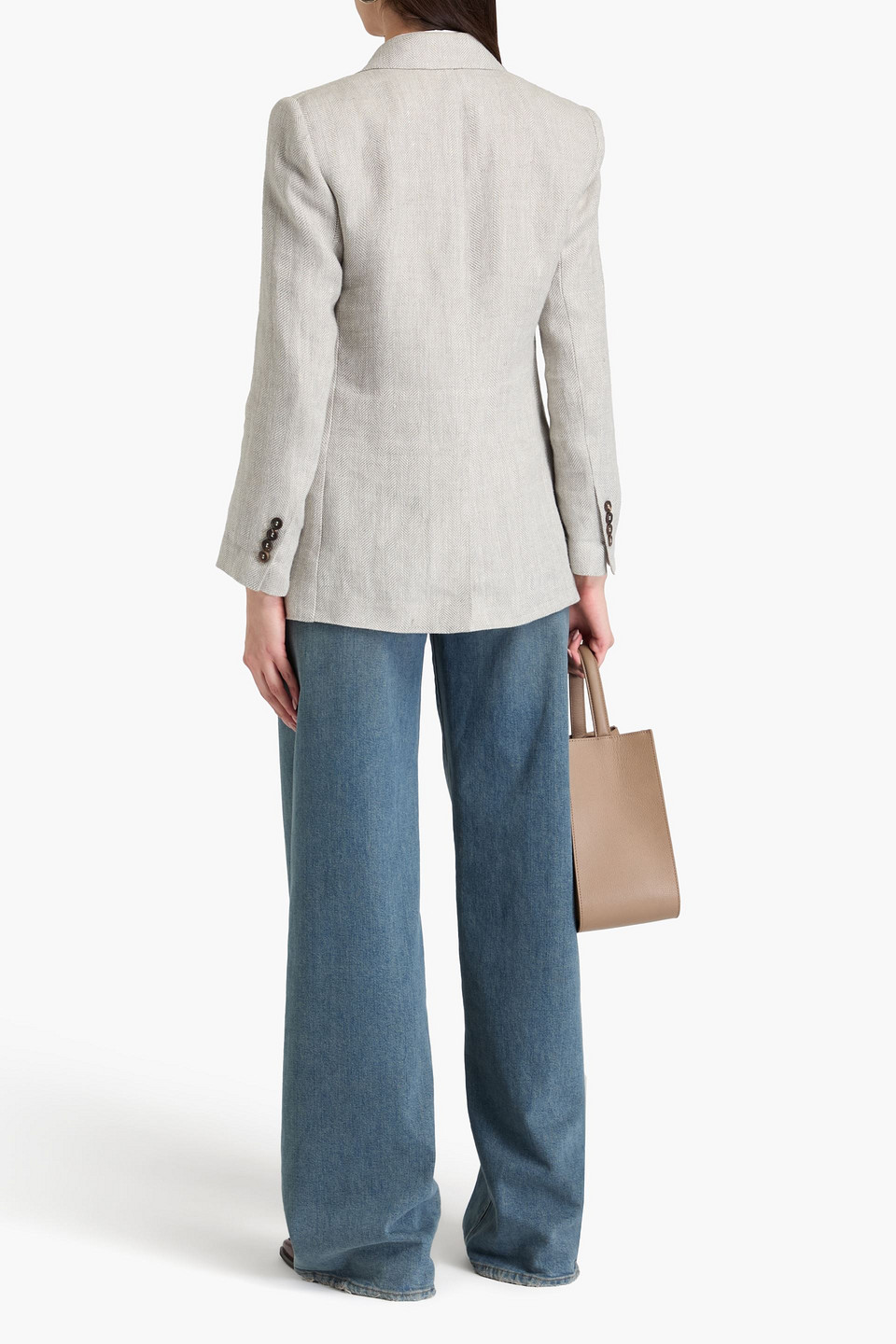 Brunello Cucinelli Doppelreihiger Blazer Aus Leinen Mit Fischgratmuster In Grau