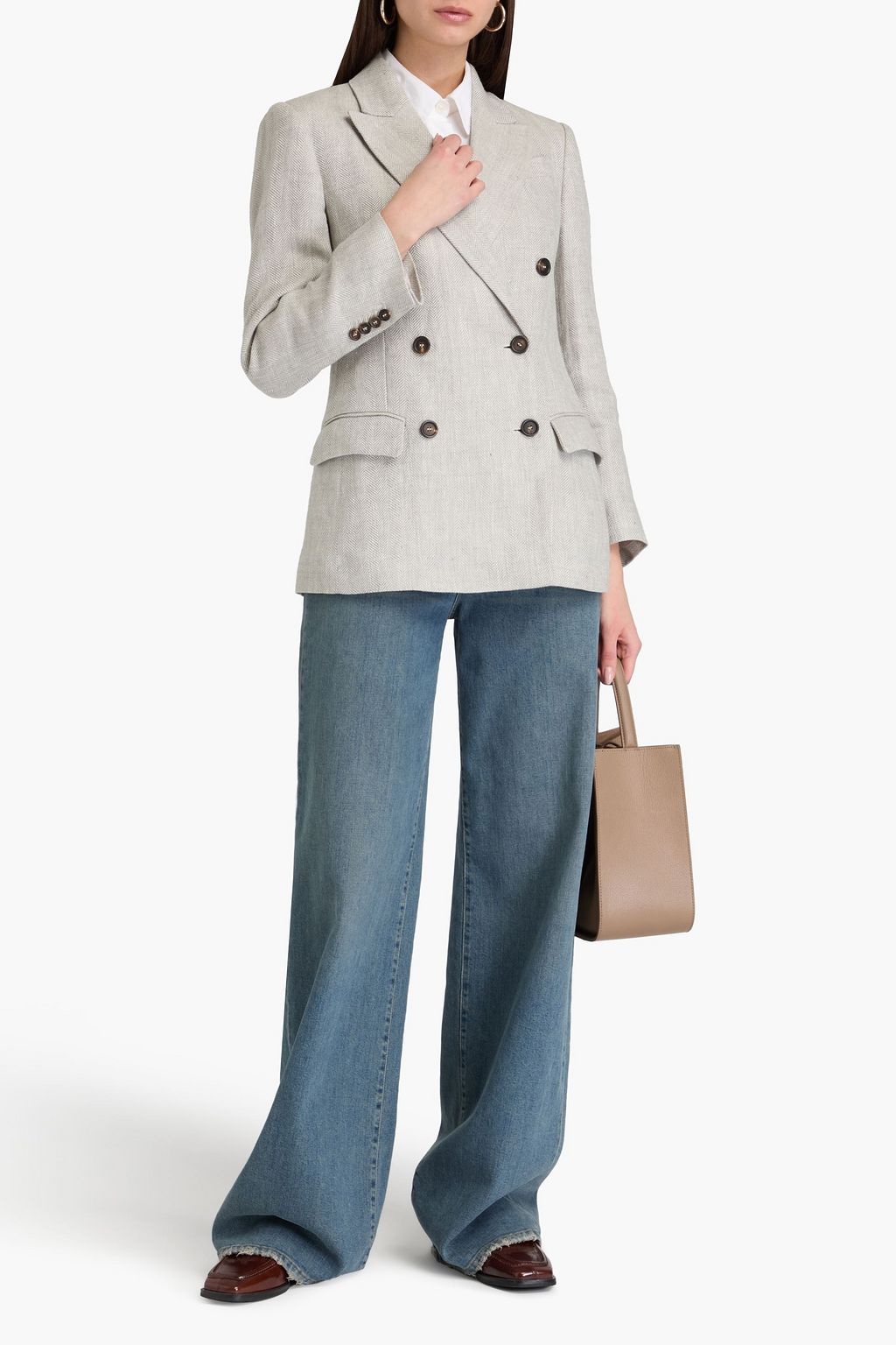BRUNELLO CUCINELLI 더블 브레스티드 헤링본 리넨 블레이저