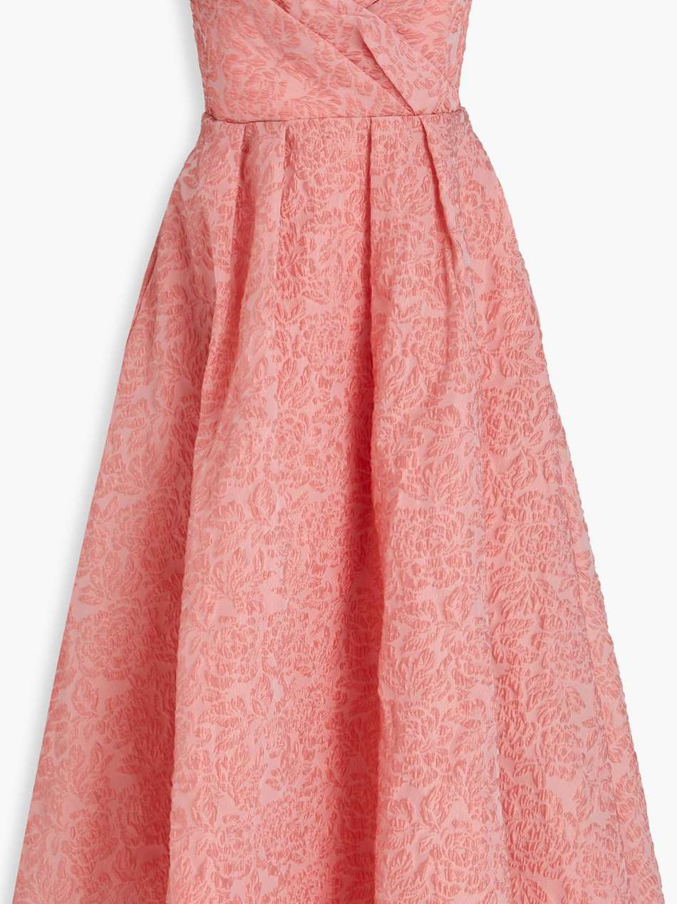 strapless pleated cloqué midi dress