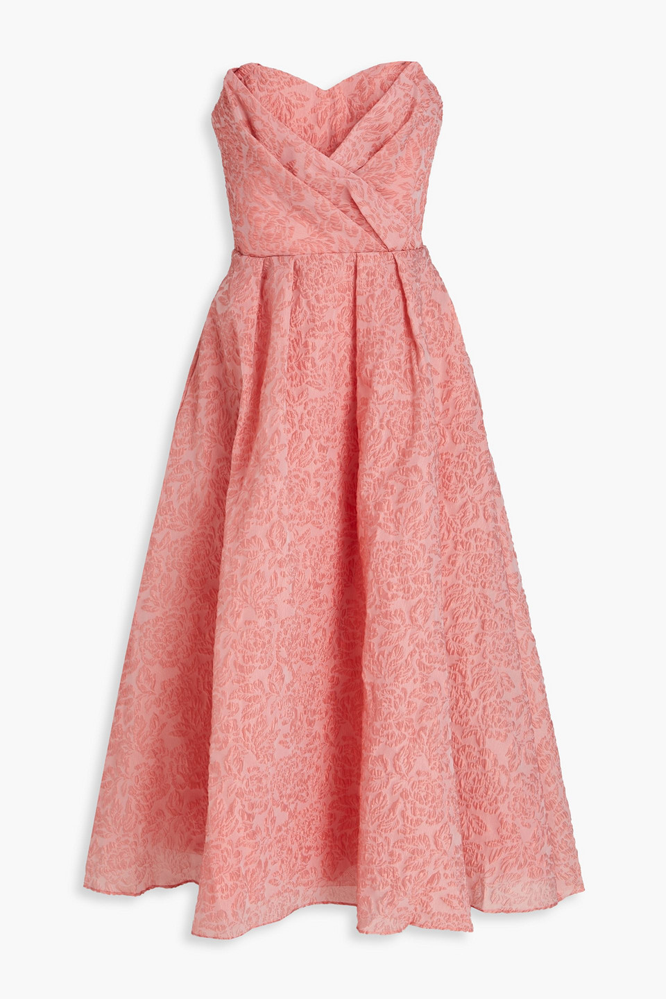 MARCHESA NOTTE STRAPLESS PLEATED CLOQUÉ MIDI DRESS