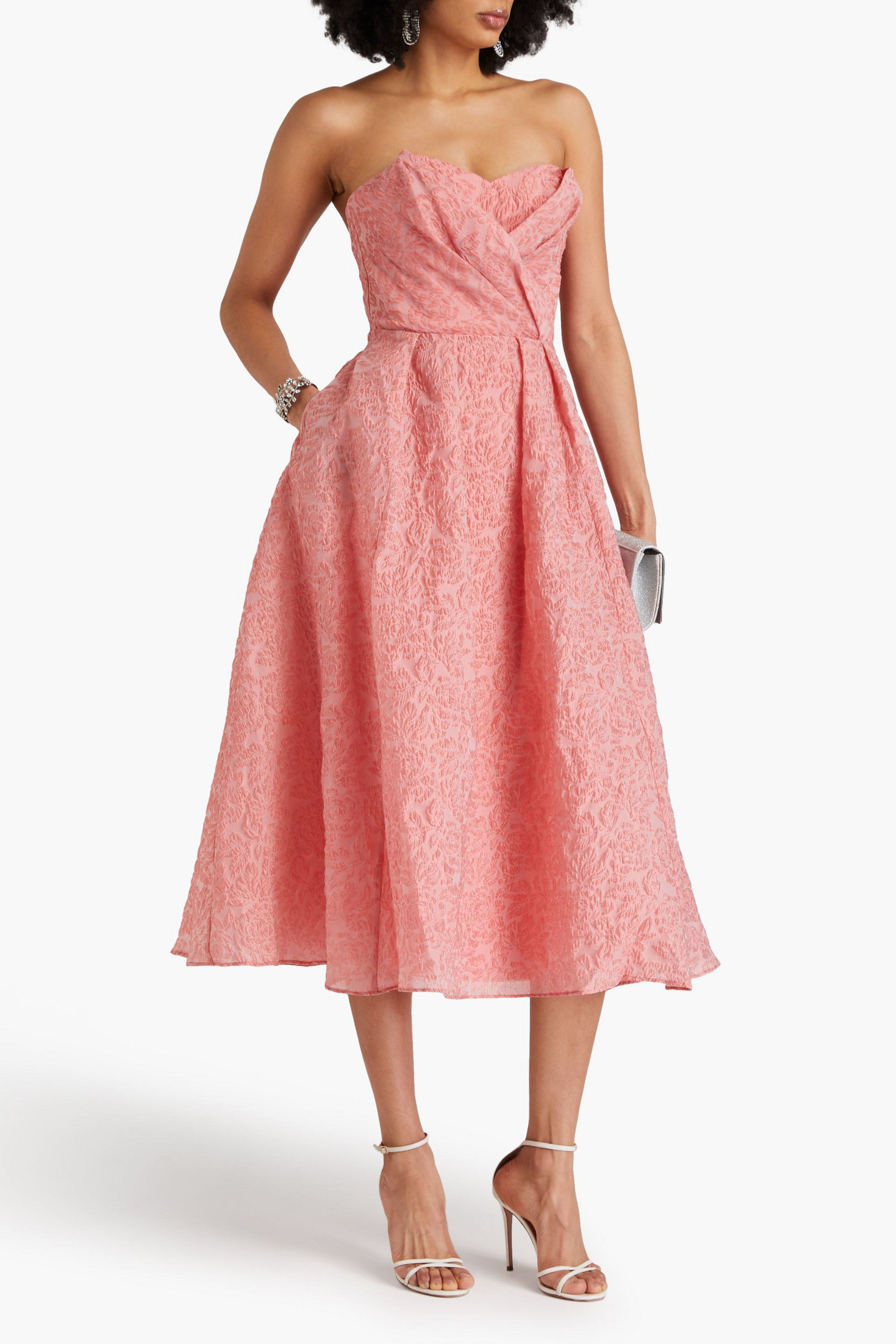 MARCHESA NOTTE Strapless pleated cloqué midi dress