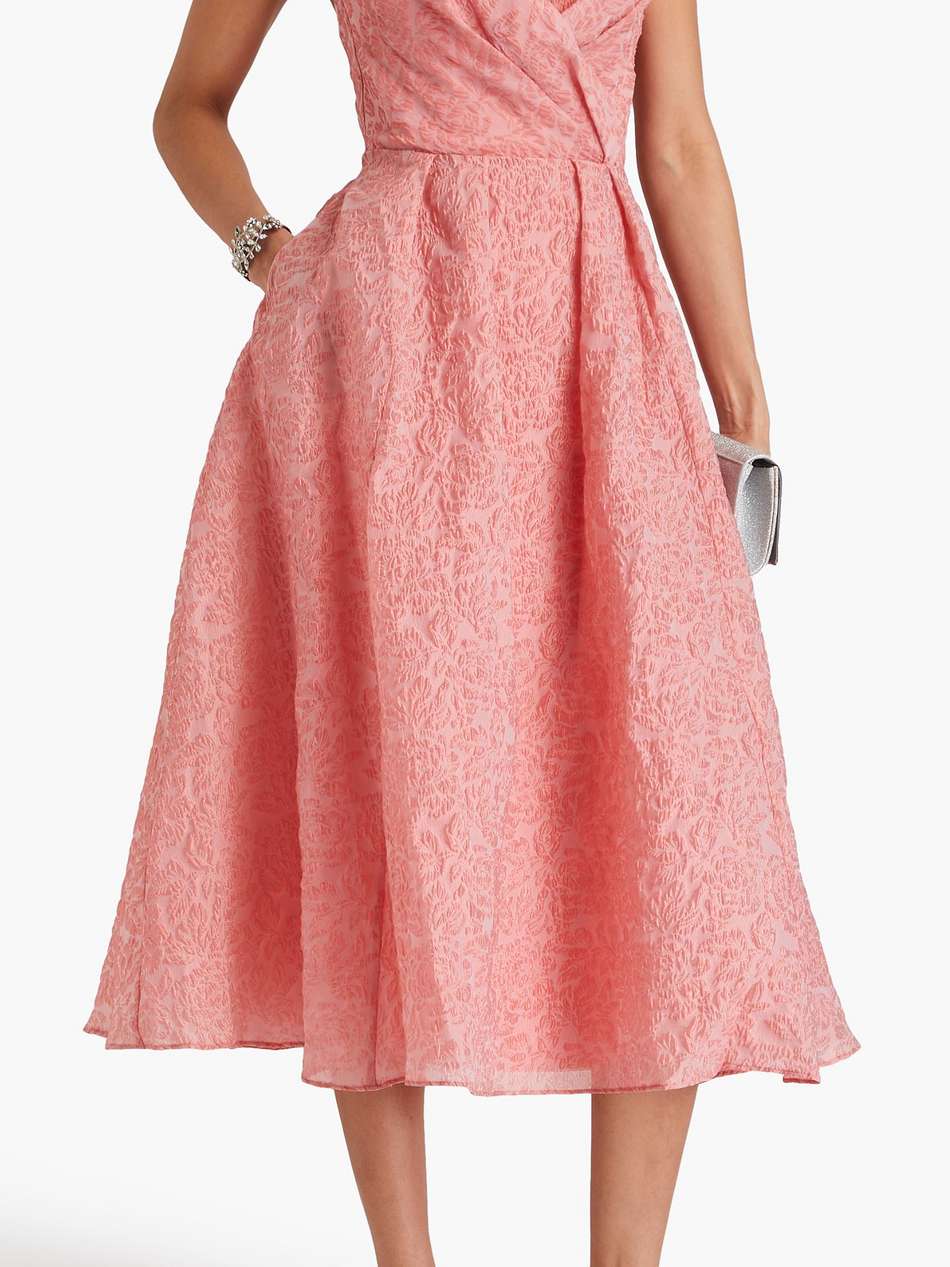 strapless pleated cloqué midi dress