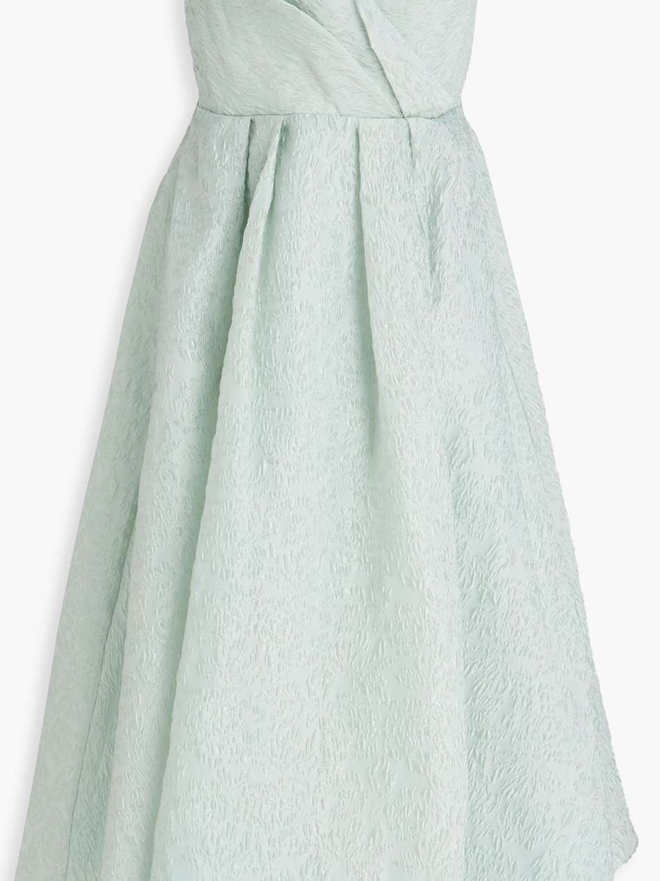 strapless pleated cloqué midi dress