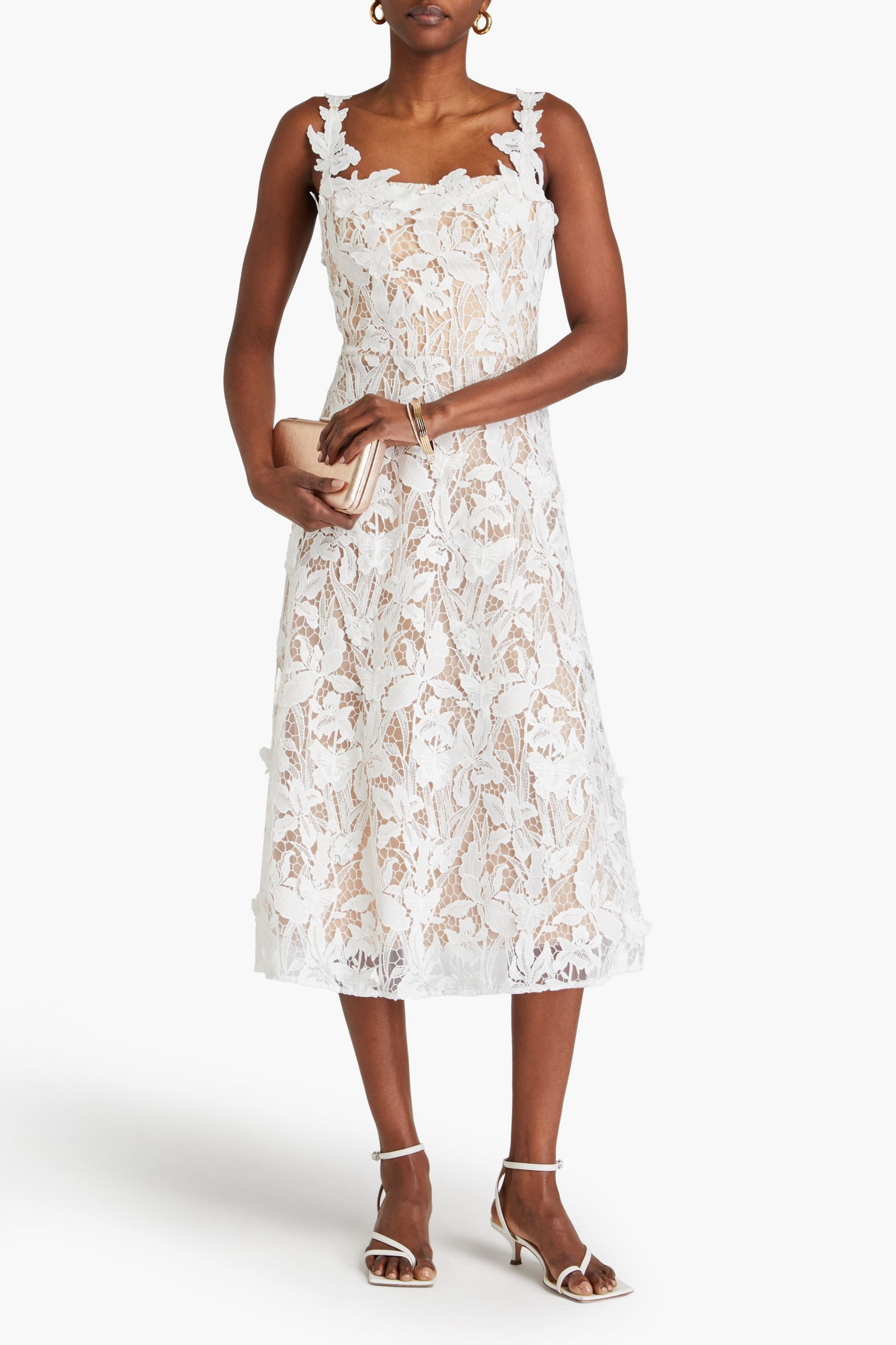 MARCHESA NOTTE Flared guipure lace midi dress