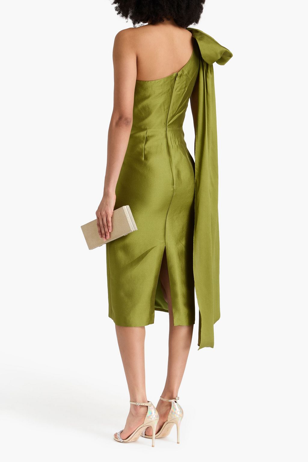 MARCHESA NOTTE サテンツイル ミディワンピース ワンショルダー リボン付き