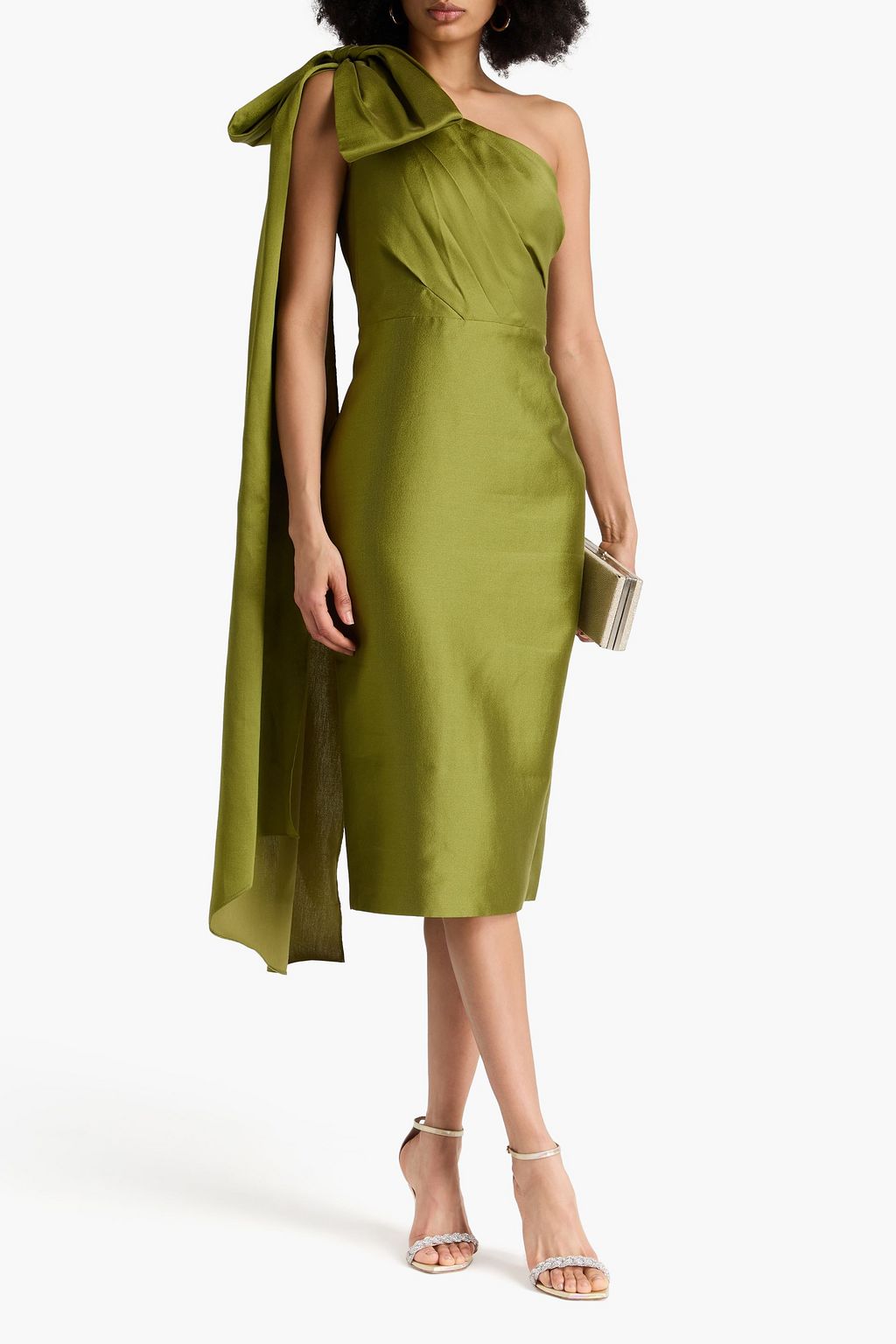 MARCHESA NOTTE サテンツイル ミディワンピース ワンショルダー リボン付き