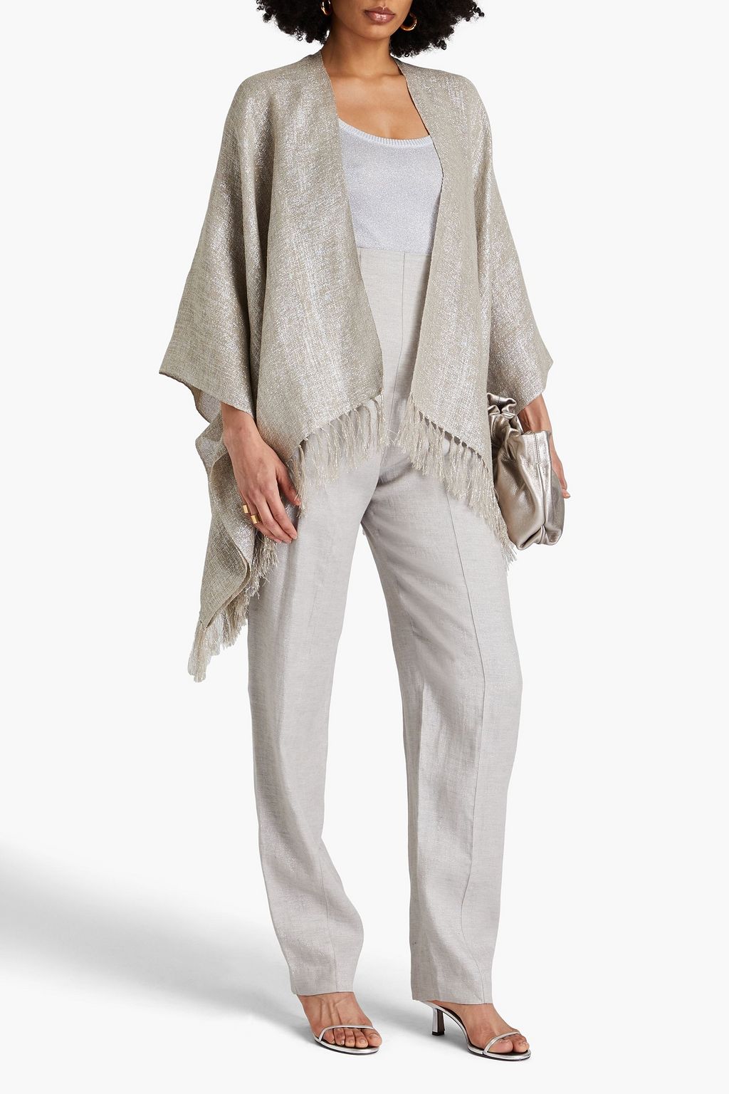 BRUNELLO CUCINELLI 프린지 디테일 메탈릭 거즈 숄