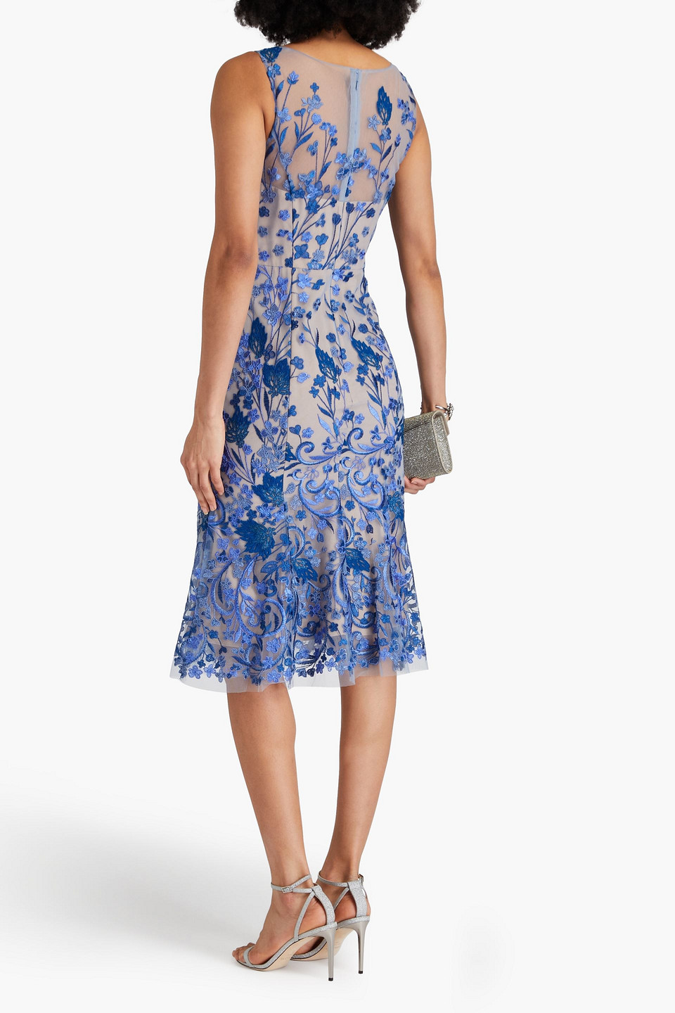 Marchesa Notte Embroidered Tulle Midi Dress In Blau