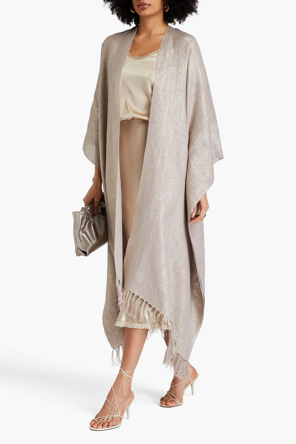Brunello Cucinelli Fringed Metallic Gauze Wrap In Beige