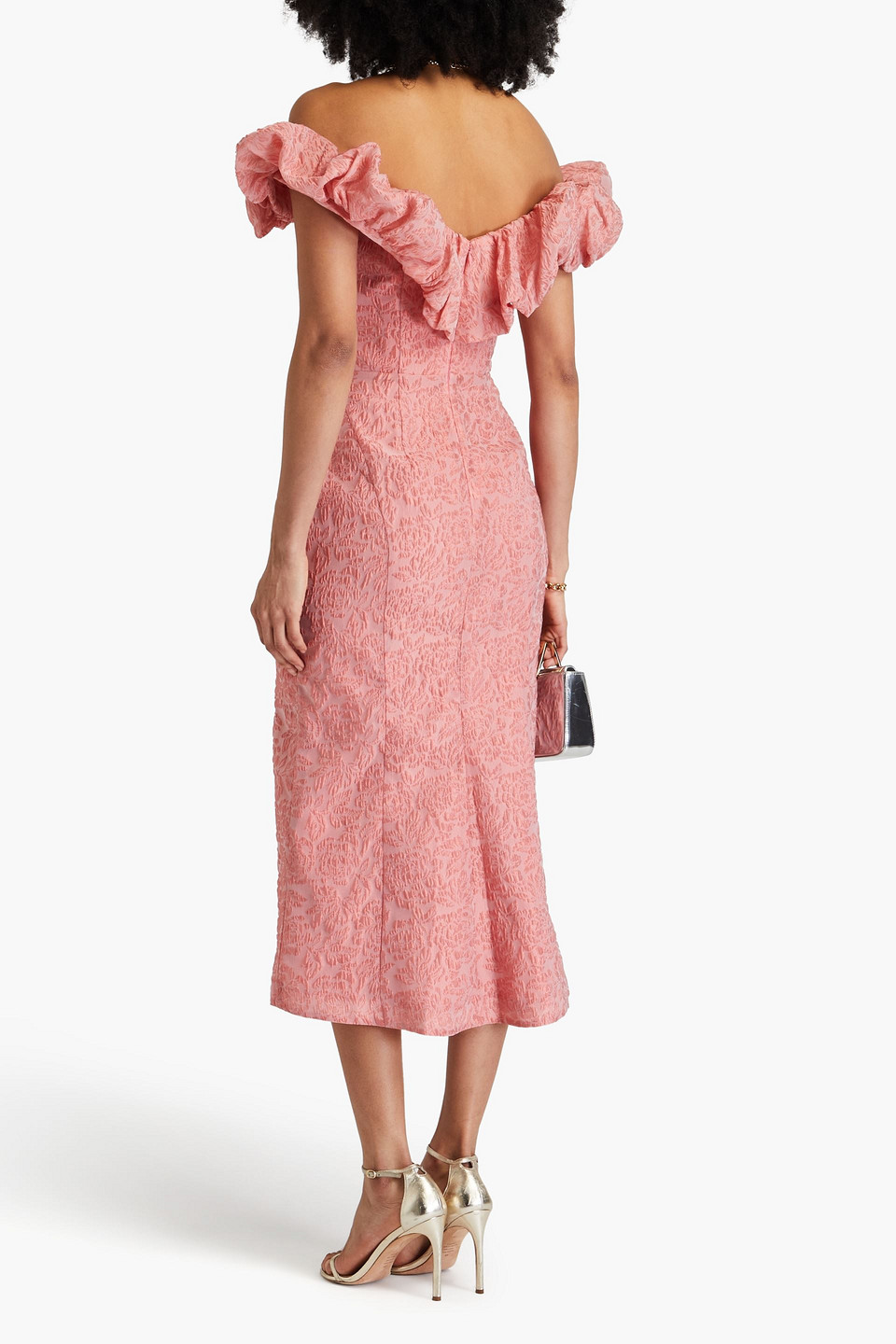 MARCHESA NOTTE OFF-THE-SHOULDER PLEATED CLOQUÉ MIDI DRESS