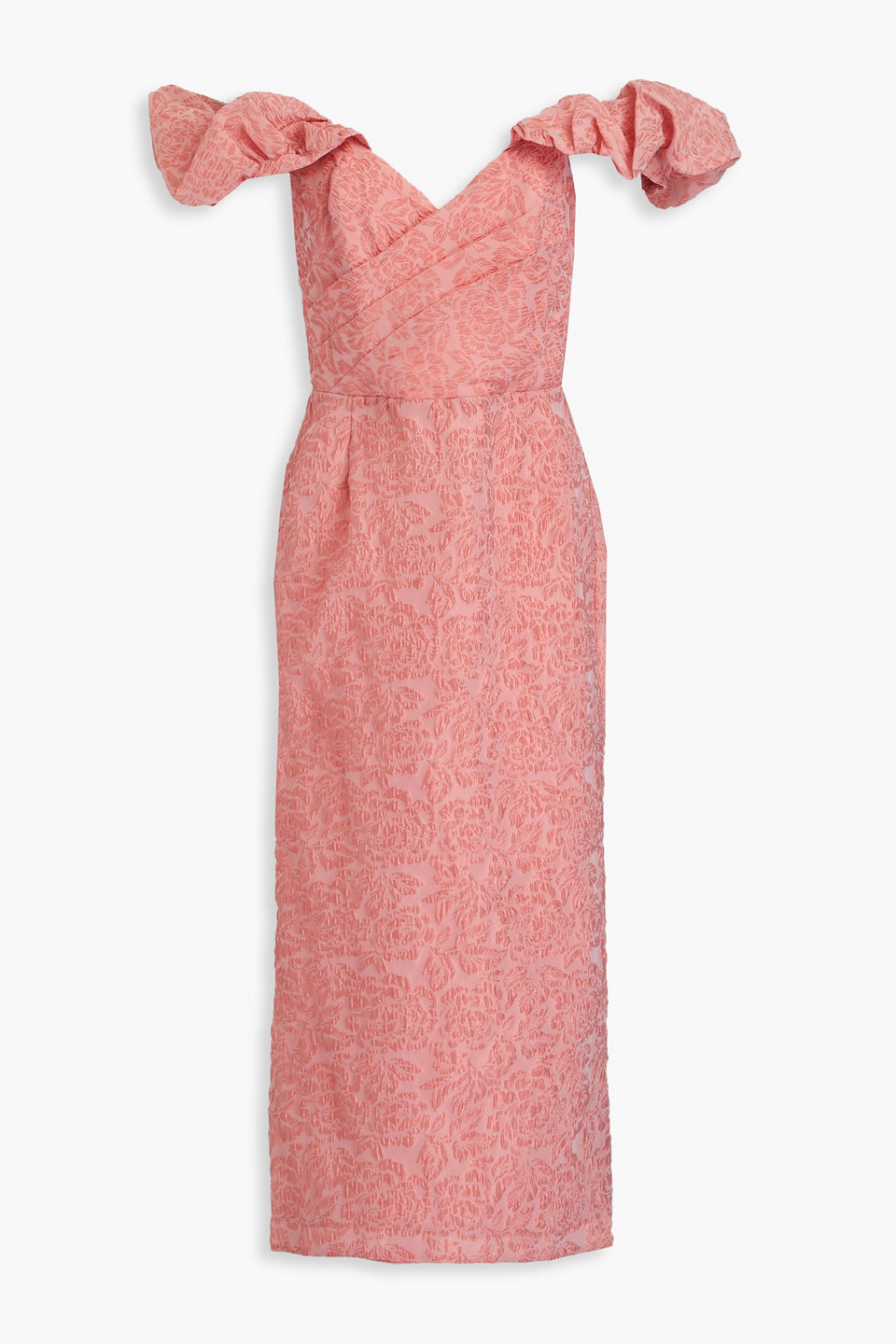 MARCHESA NOTTE OFF-THE-SHOULDER PLEATED CLOQUÉ MIDI DRESS