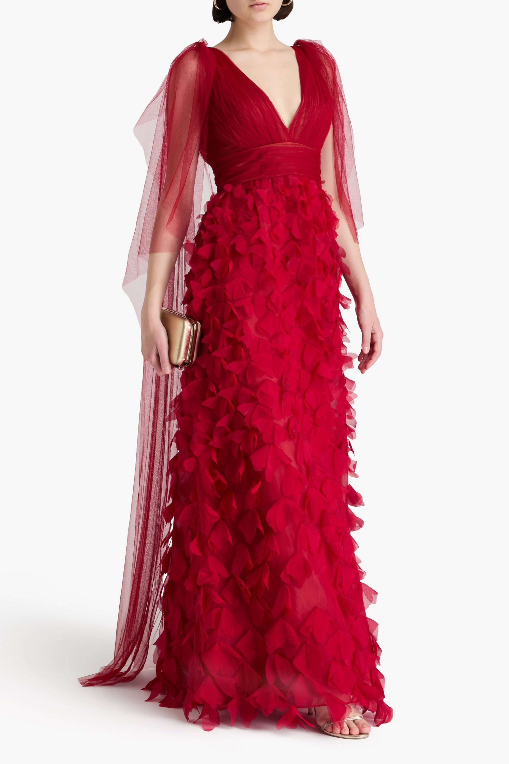 MARCHESA NOTTE Appliquéd plissé-tulle and organza gown