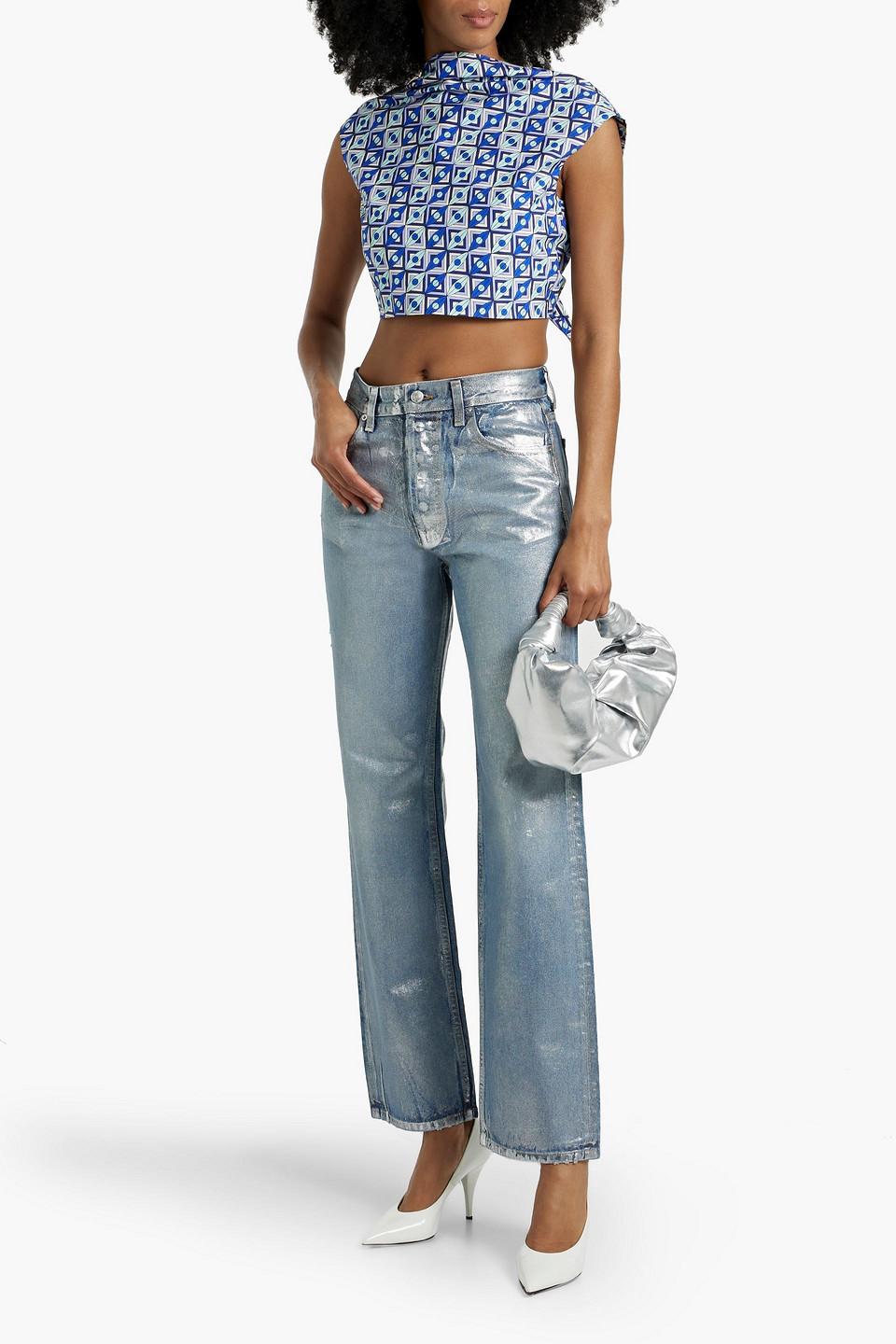 Pucci Cropped Tie-back Printed Cotton-poplin Top In Blue